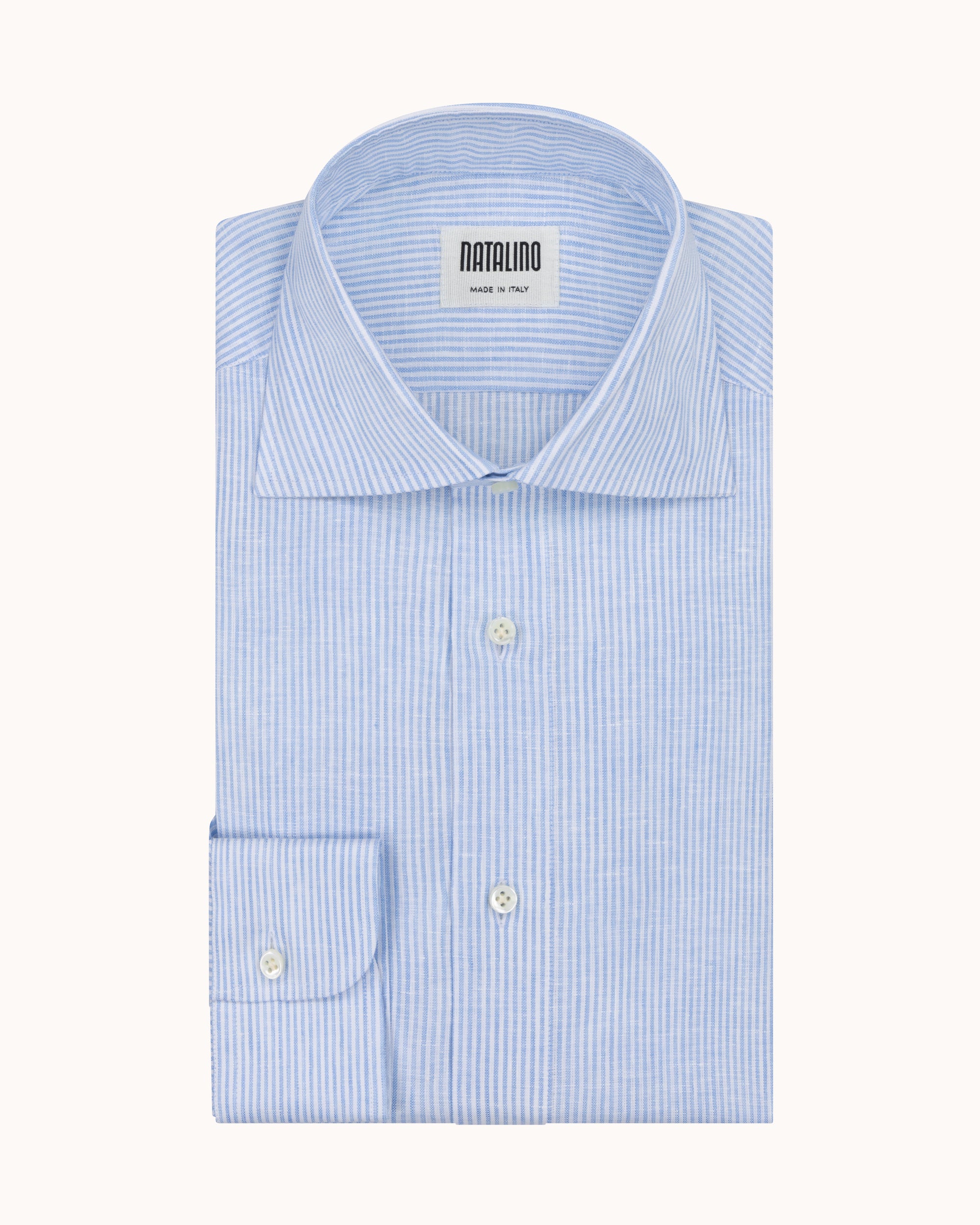 Spread Collar Shirt - Blue Stripe Linen