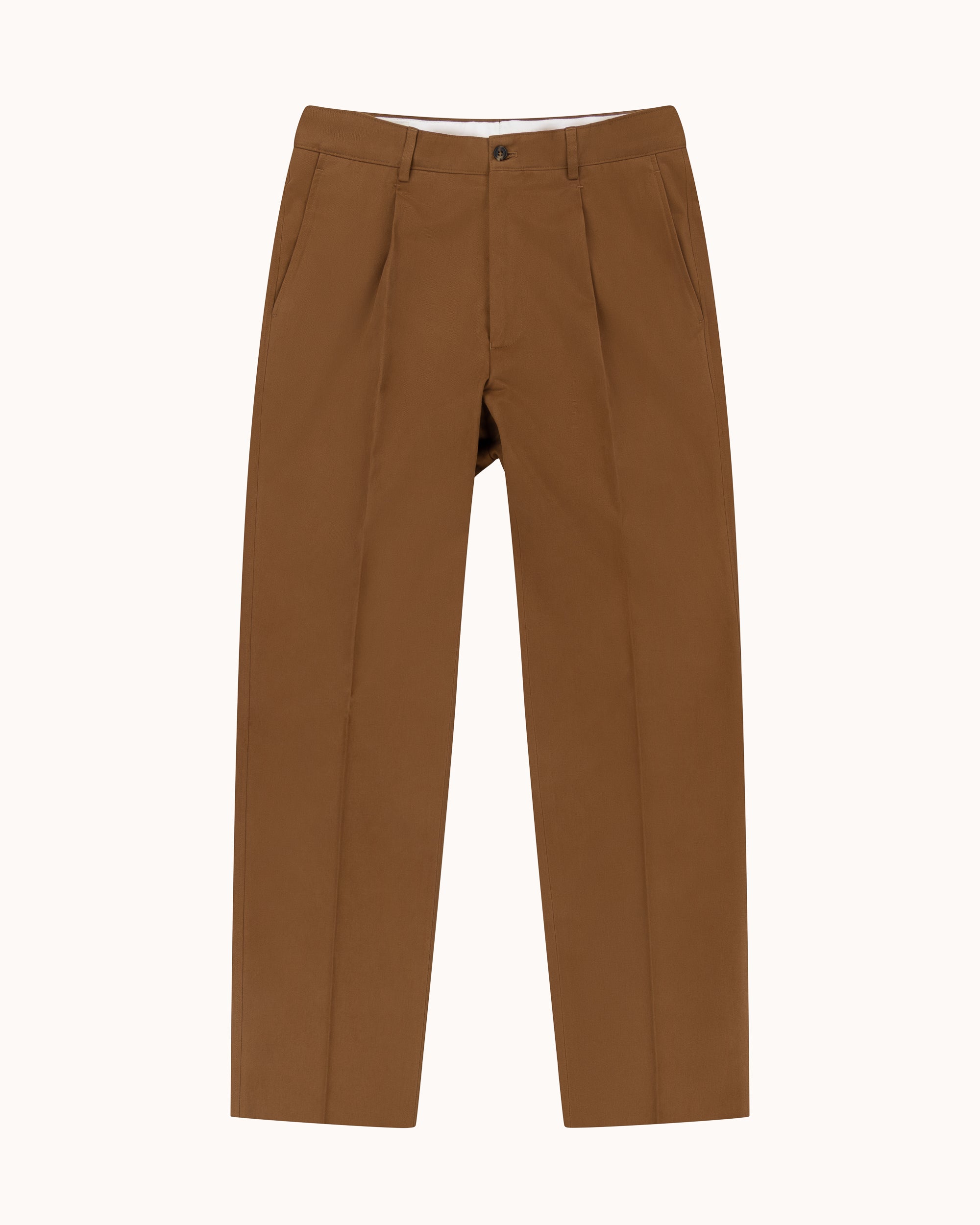 Casual Relaxed Pleated Trouser - Tan Brushed Cotton