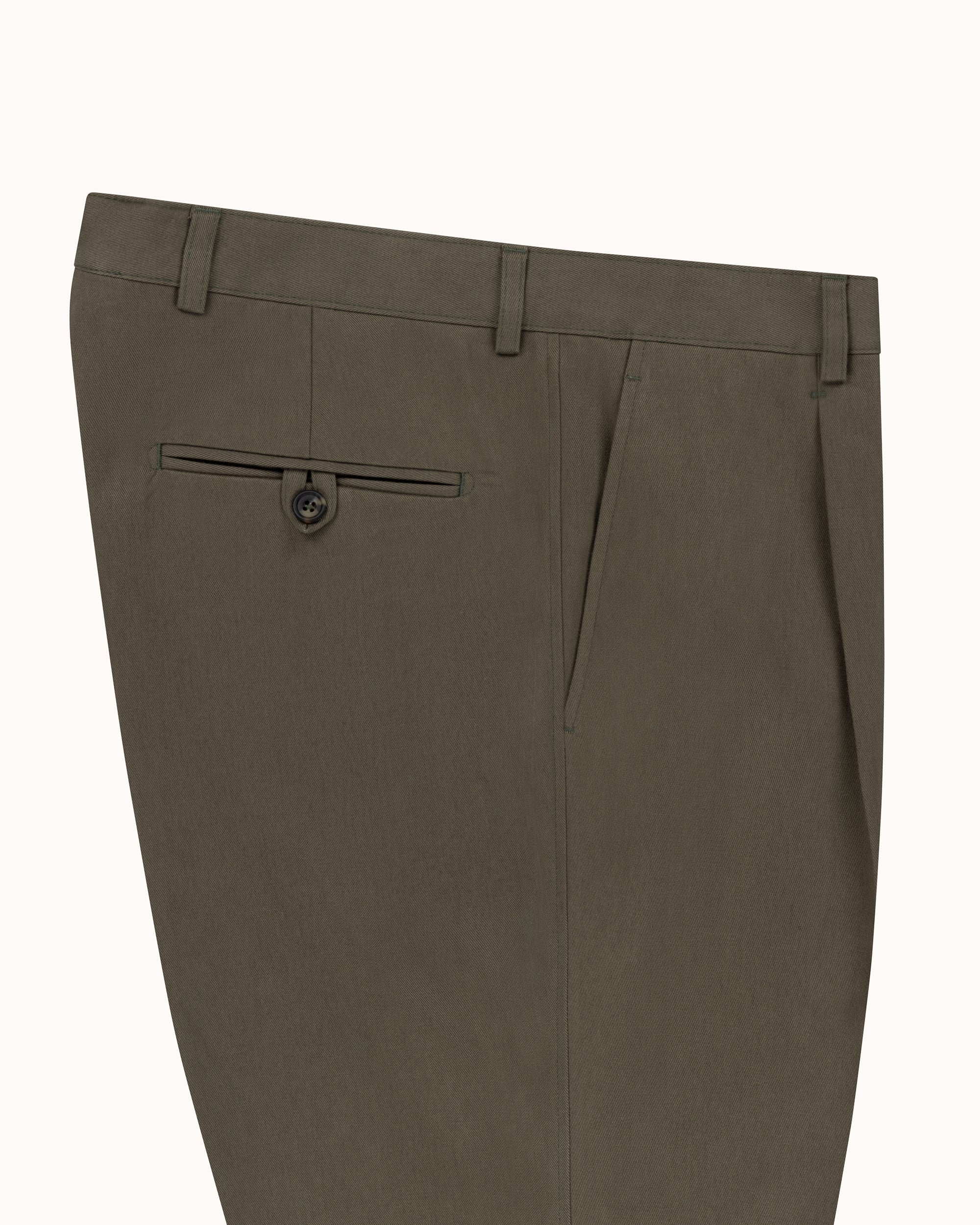 Casual Relaxed Pleated Trouser - Olive Brushed Cotton