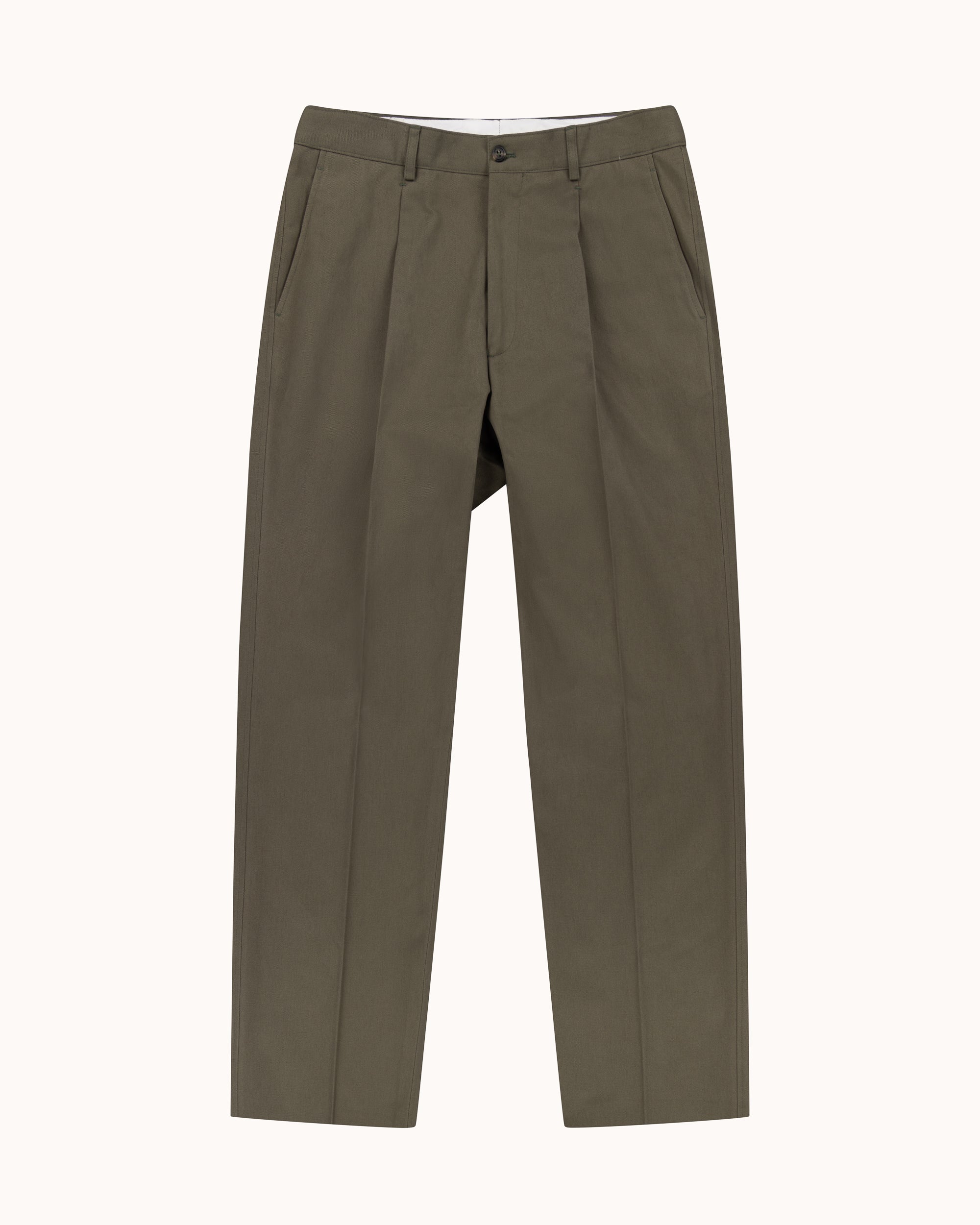 Casual Relaxed Pleated Trouser - Olive Brushed Cotton
