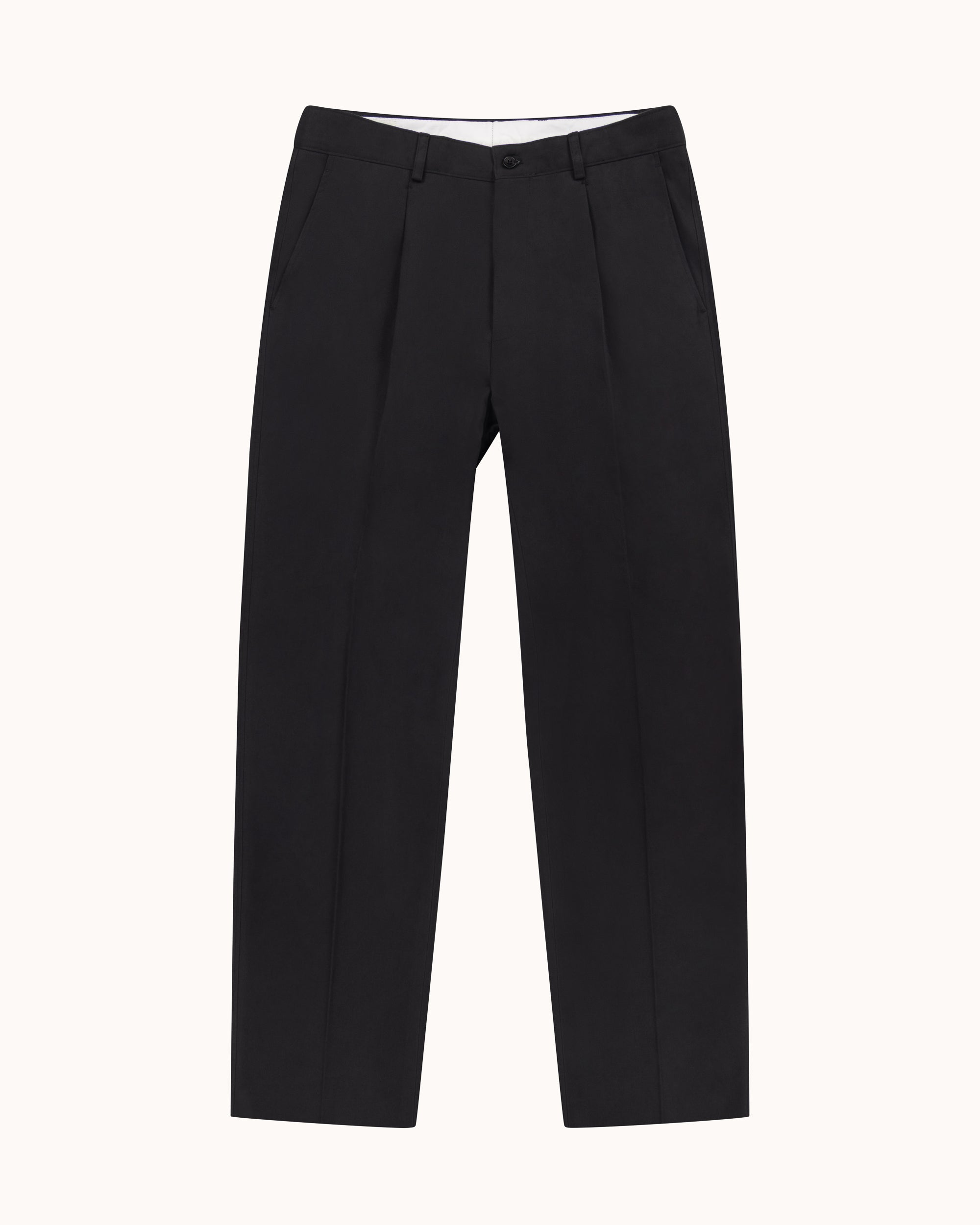 Casual Relaxed Pleated Trouser - Black Brushed Cotton