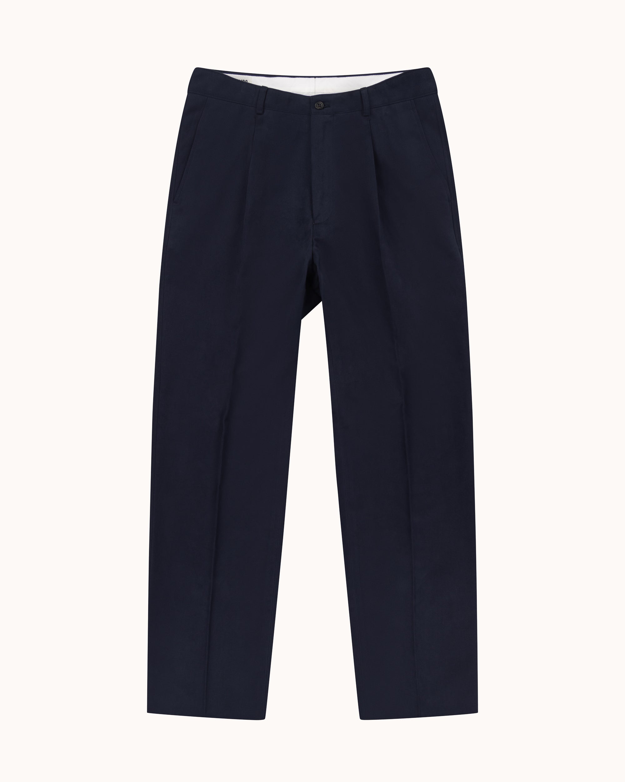 Casual Relaxed Pleated Trouser - Navy Brushed Cotton