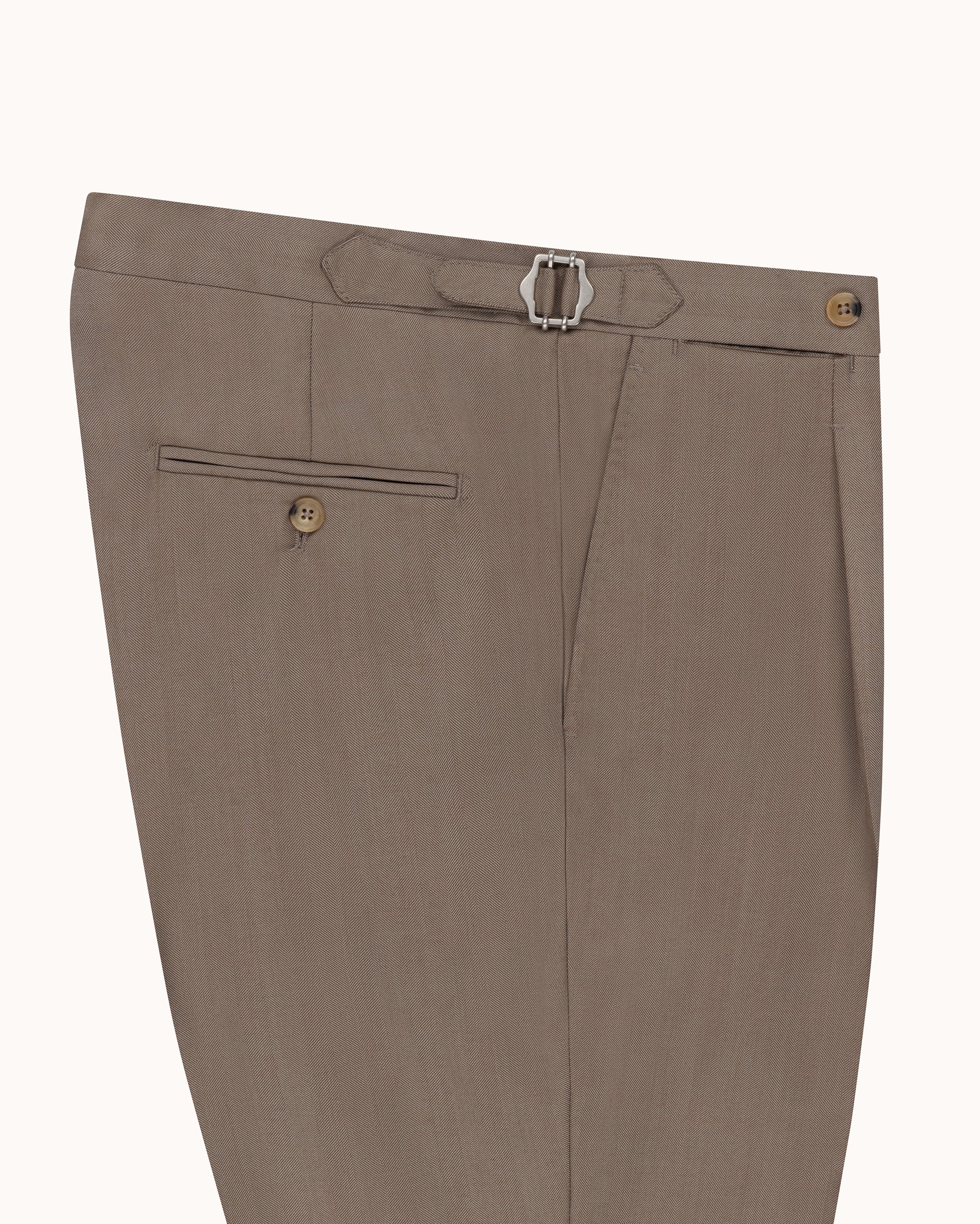 Classic Pleated Trouser - Mushroom Herringbone Wool