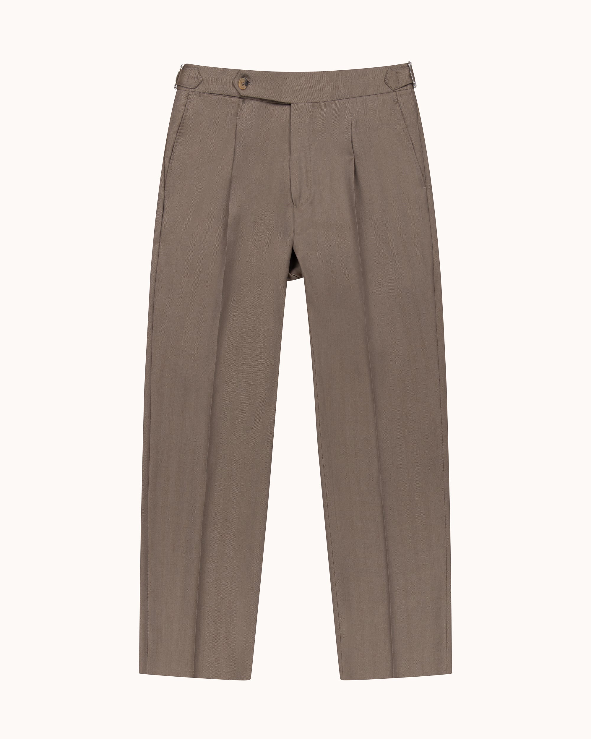 Classic Pleated Trouser - Mushroom Herringbone Wool