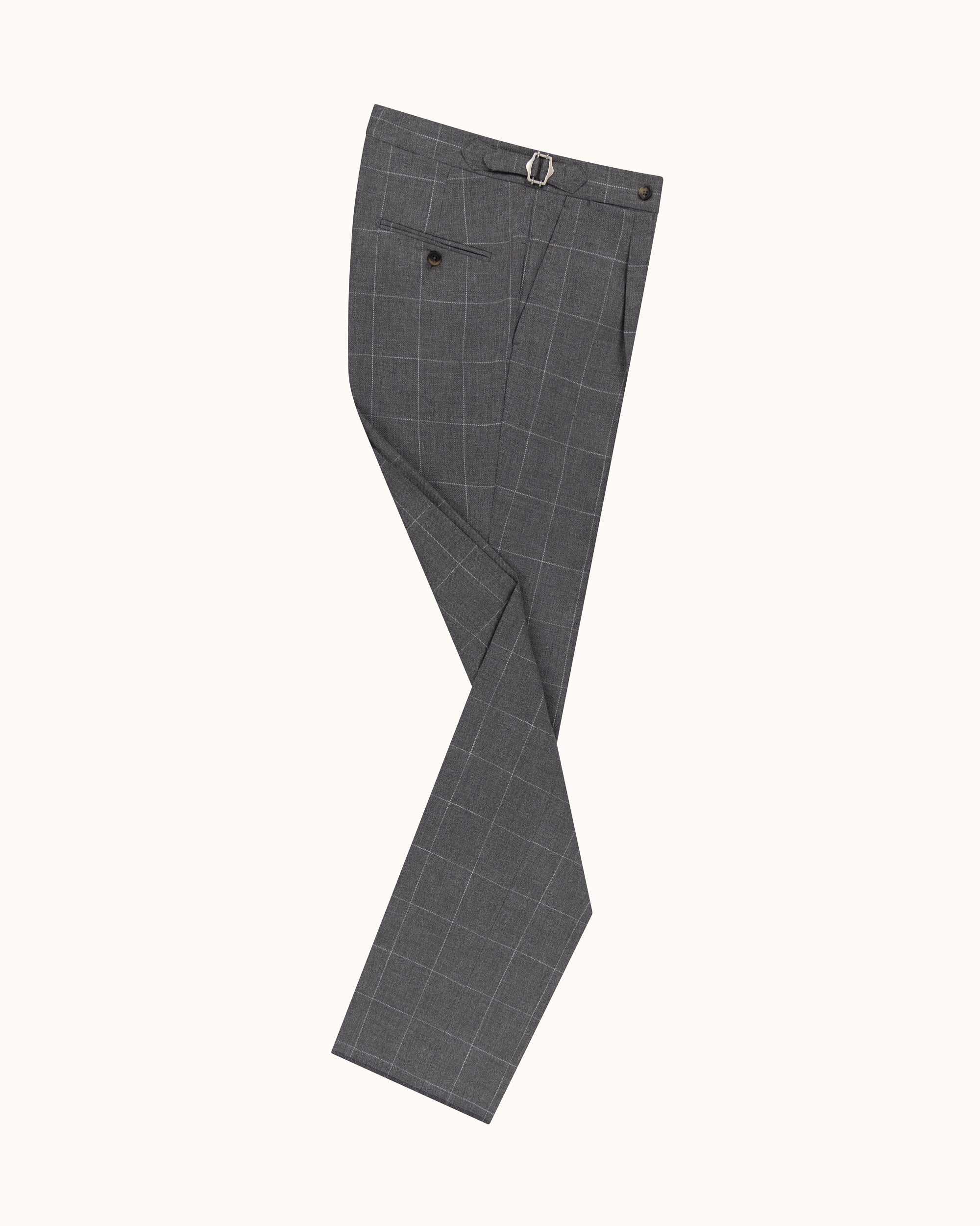 Relaxed Pleated Trouser - Grey Windowpane Cotton Wool