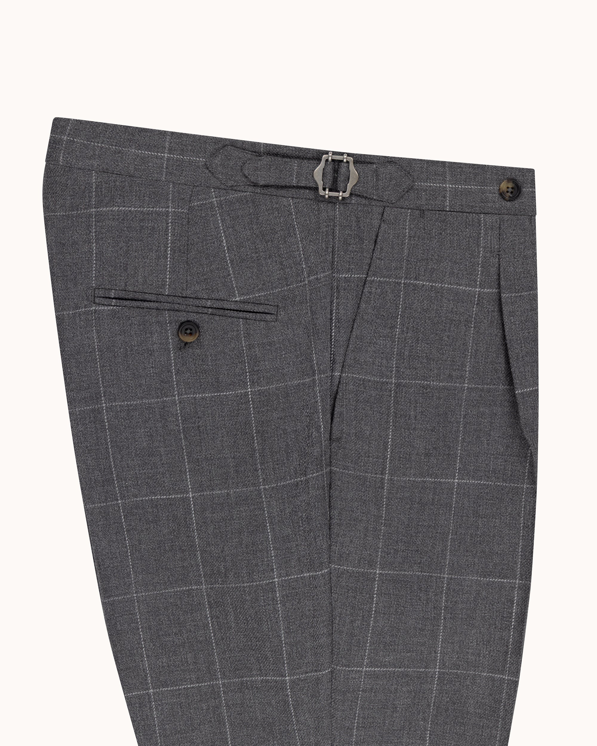 Relaxed Pleated Trouser - Grey Windowpane Cotton Wool