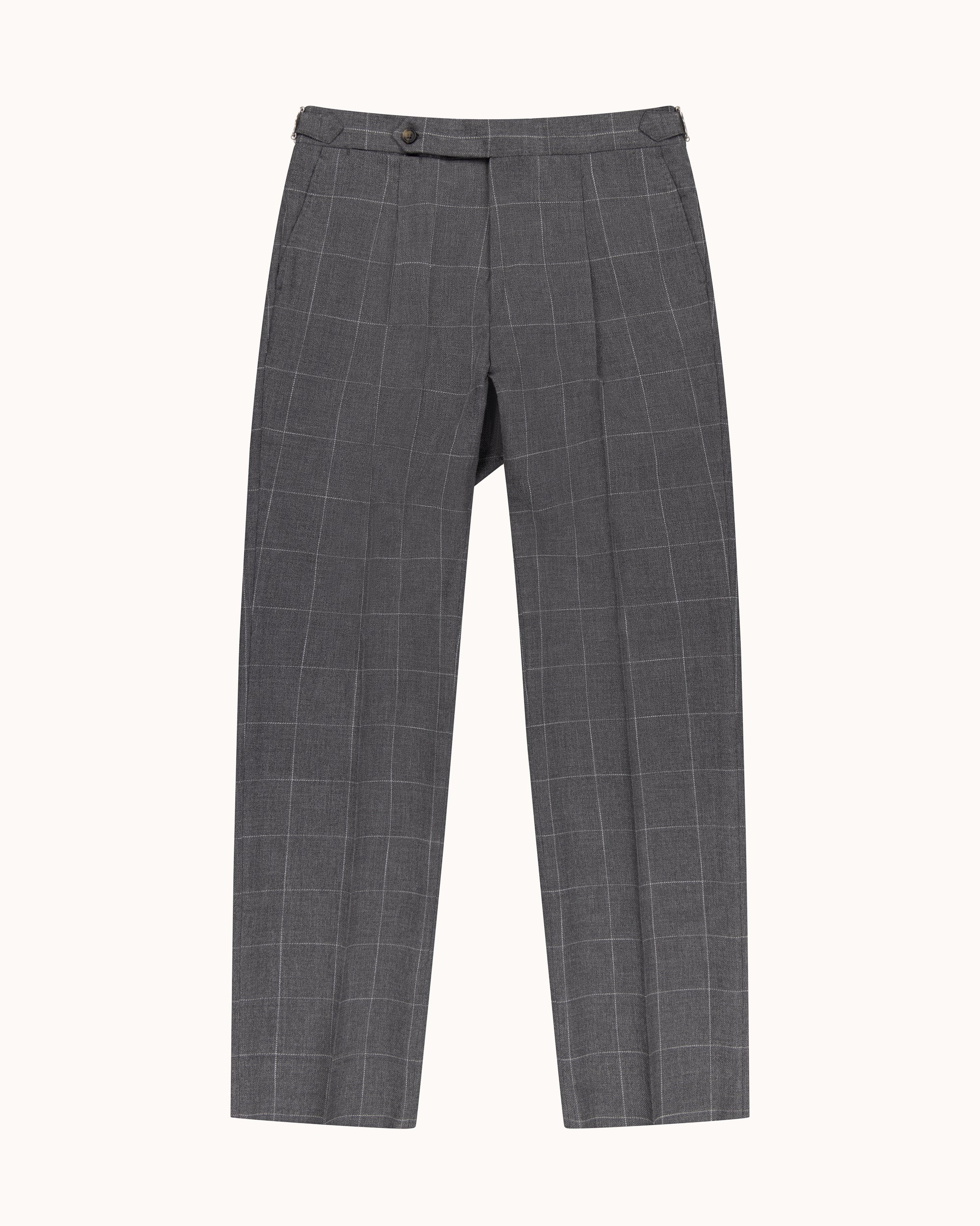 Relaxed Pleated Trouser - Grey Windowpane Cotton Wool