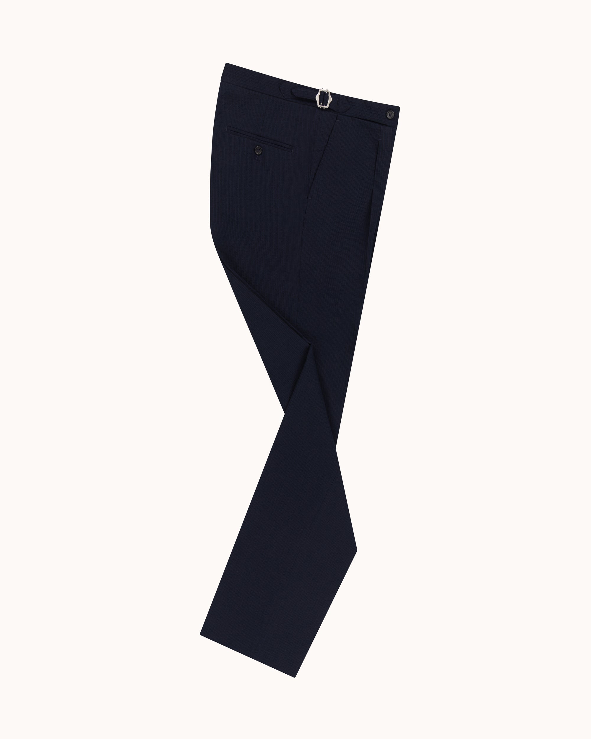 Classic Pleated Trouser - Navy Seersucker Wool