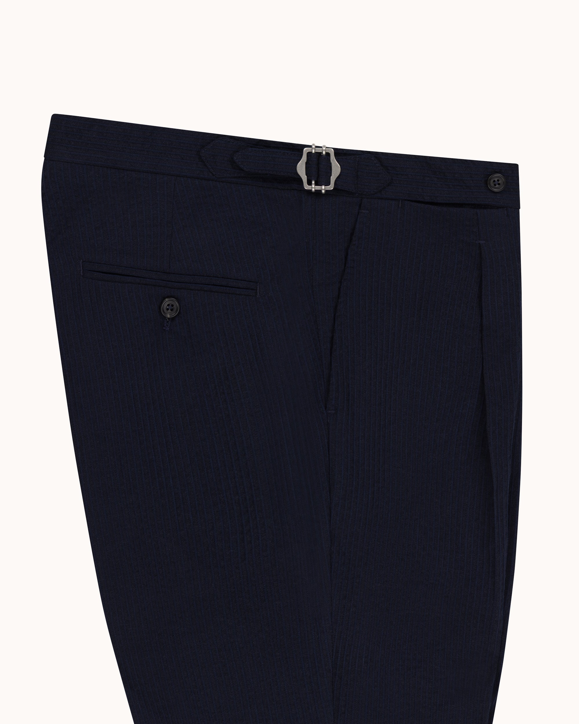 Relaxed Pleated Trouser - Navy Seersucker Wool