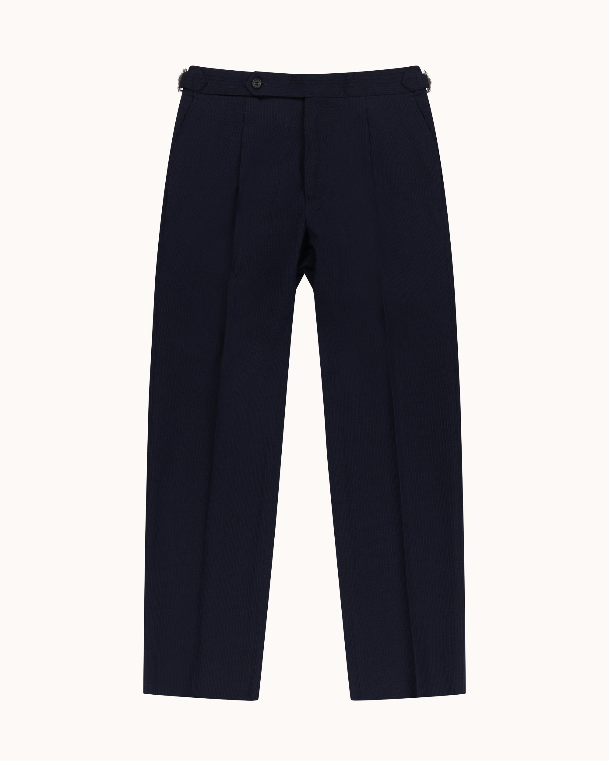 Relaxed Pleated Trouser - Navy Seersucker Wool