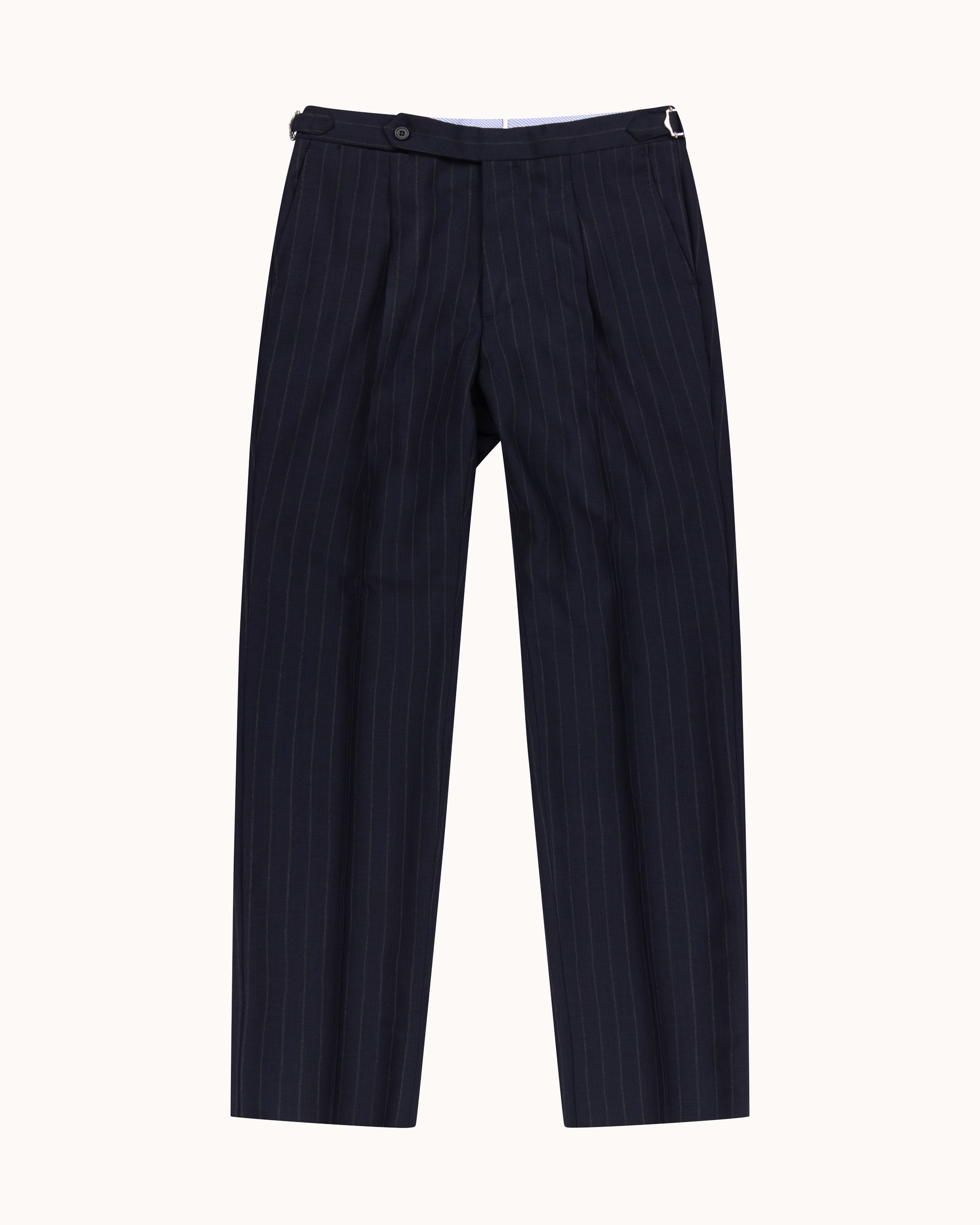 Relaxed Pleated Trouser -  Navy Chalk Stripe Tropical Wool