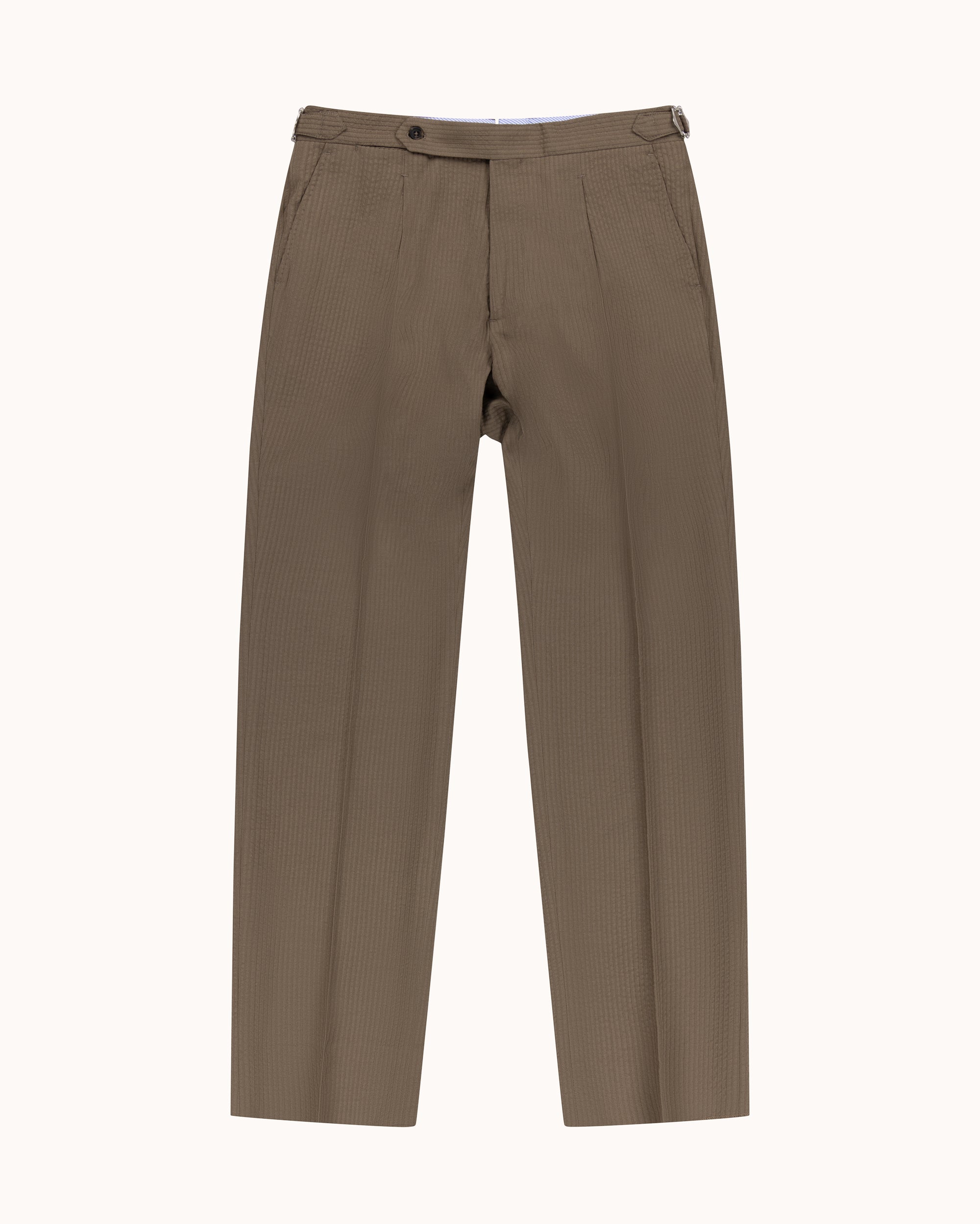 Classic Pleated Trouser - Mushroom Seersucker Wool