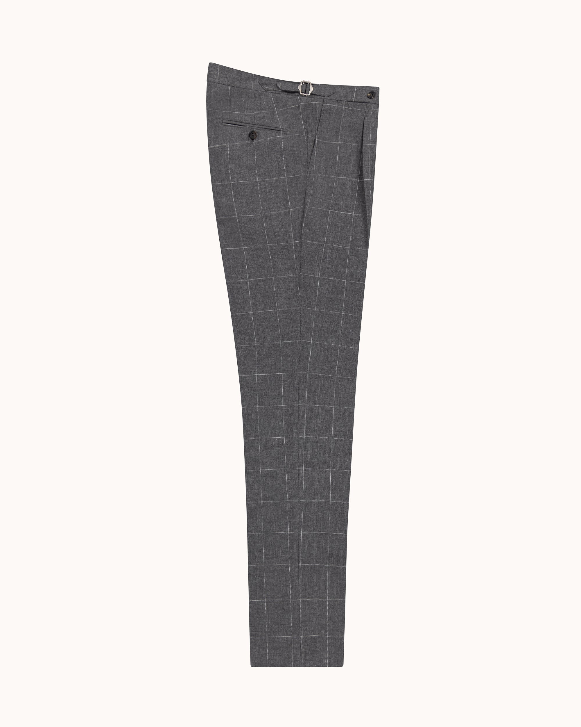Classic Pleated Trouser - Grey Windowpane Cotton Wool