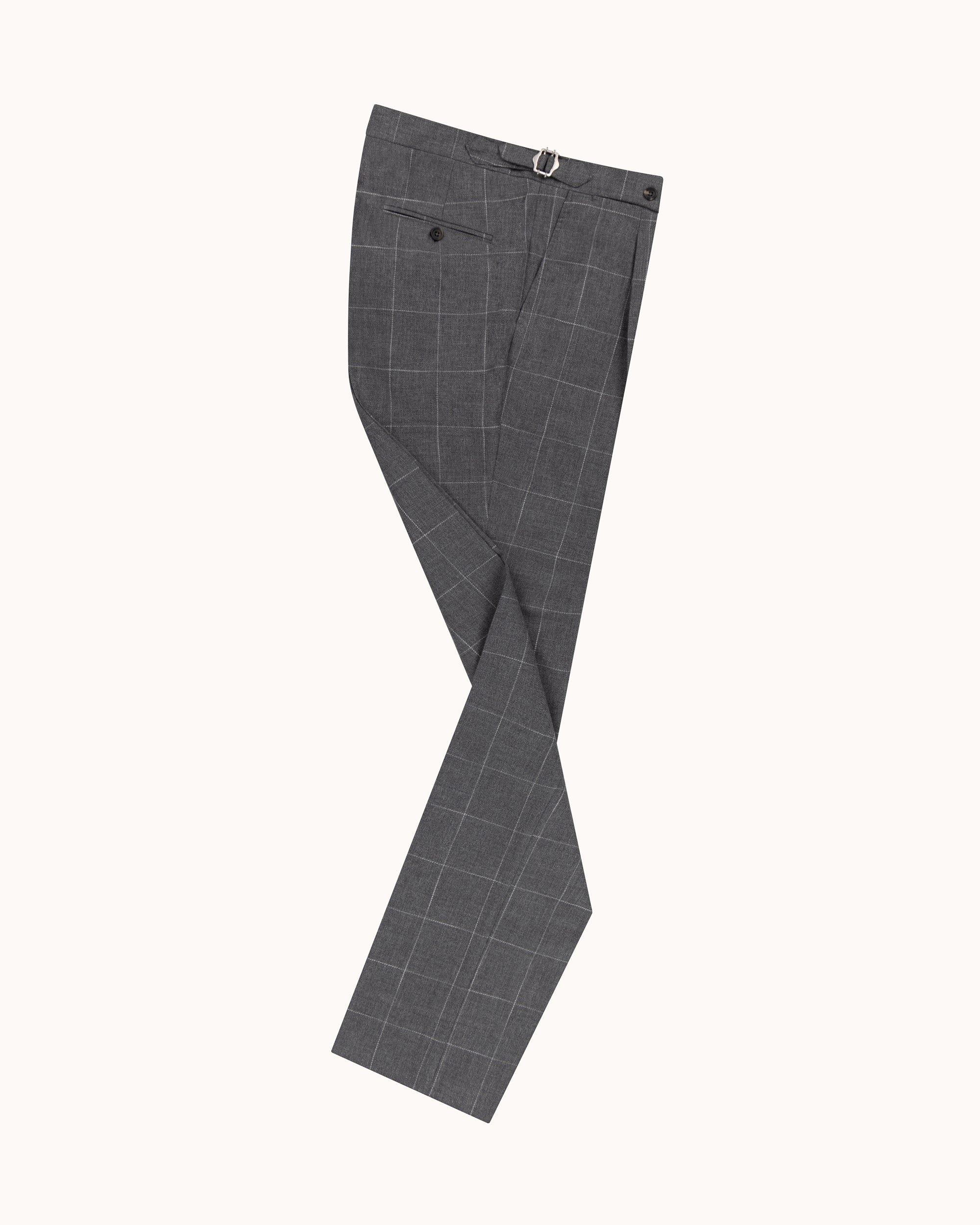 Classic Pleated Trouser - Grey Windowpane Cotton Wool