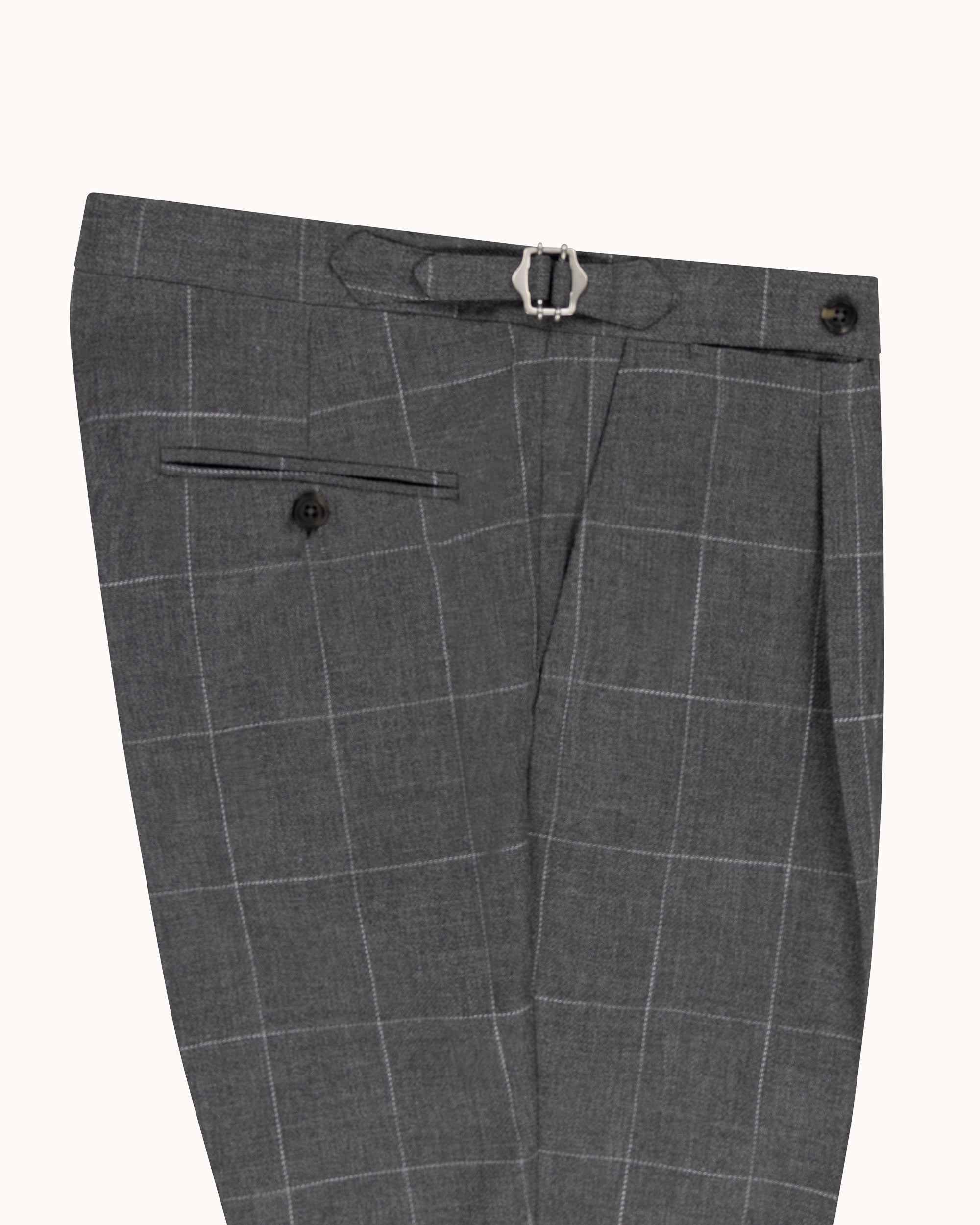 Classic Pleated Trouser - Grey Windowpane Cotton Wool