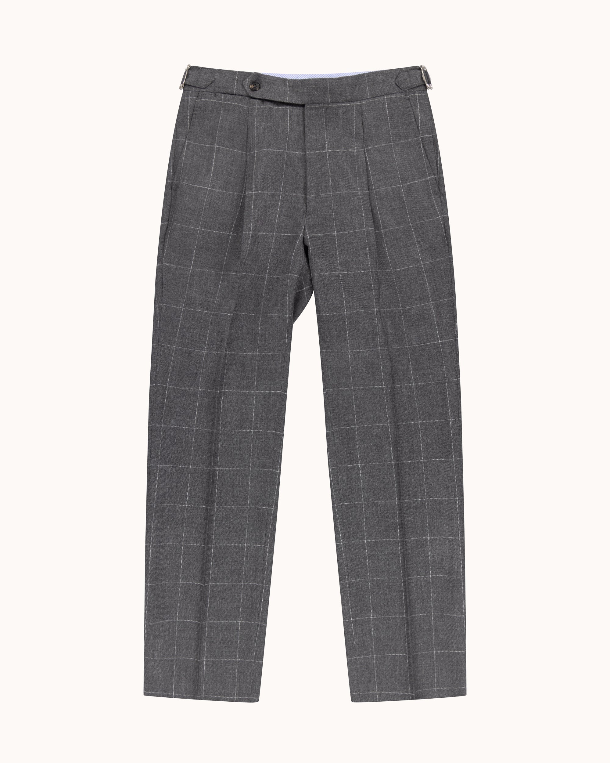 Classic Pleated Trouser - Grey Windowpane Cotton Wool