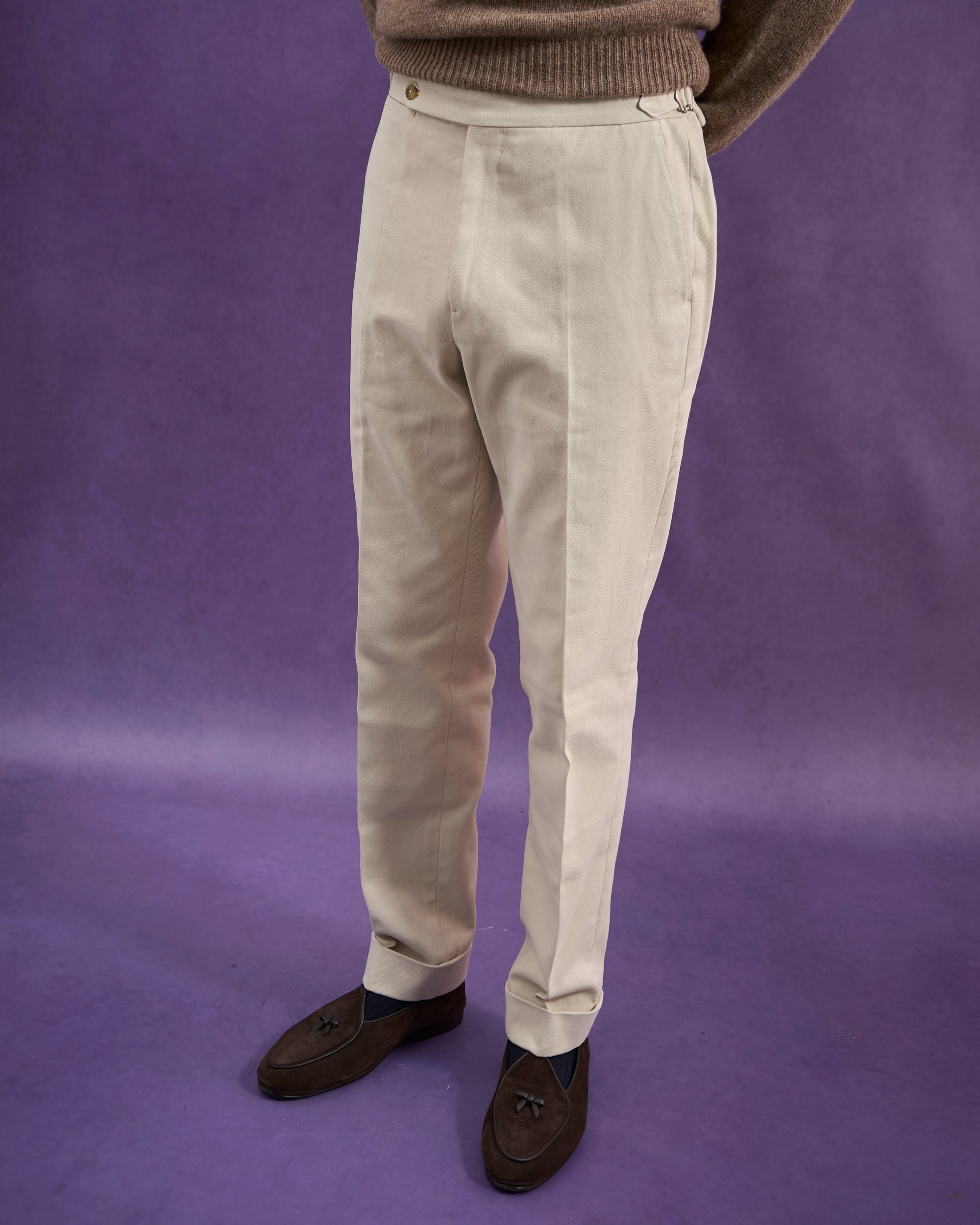 Flat Front Trouser - Cream Cotton Drill