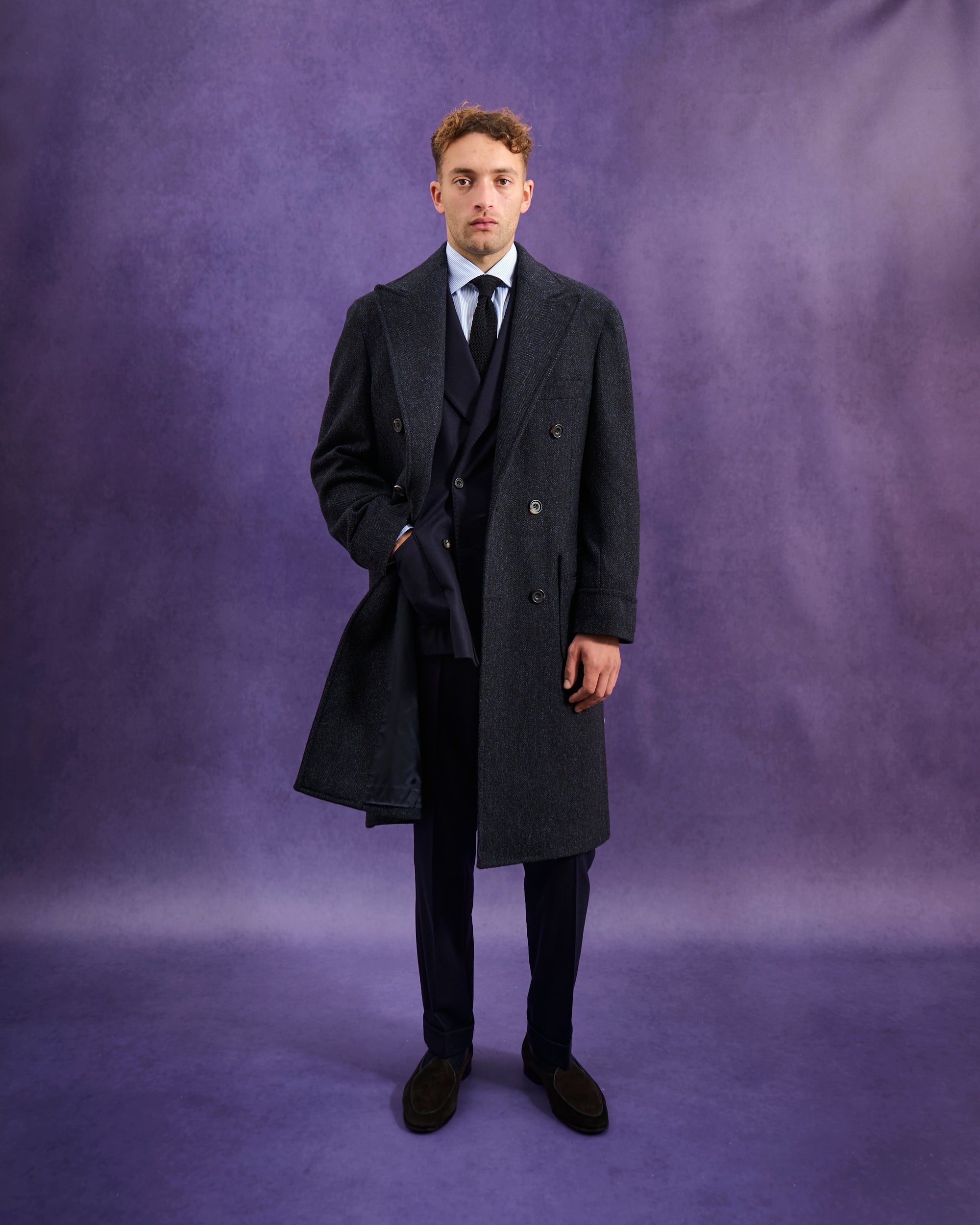 Double Breasted Overcoat - Navy Herringbone Wool Cashmere