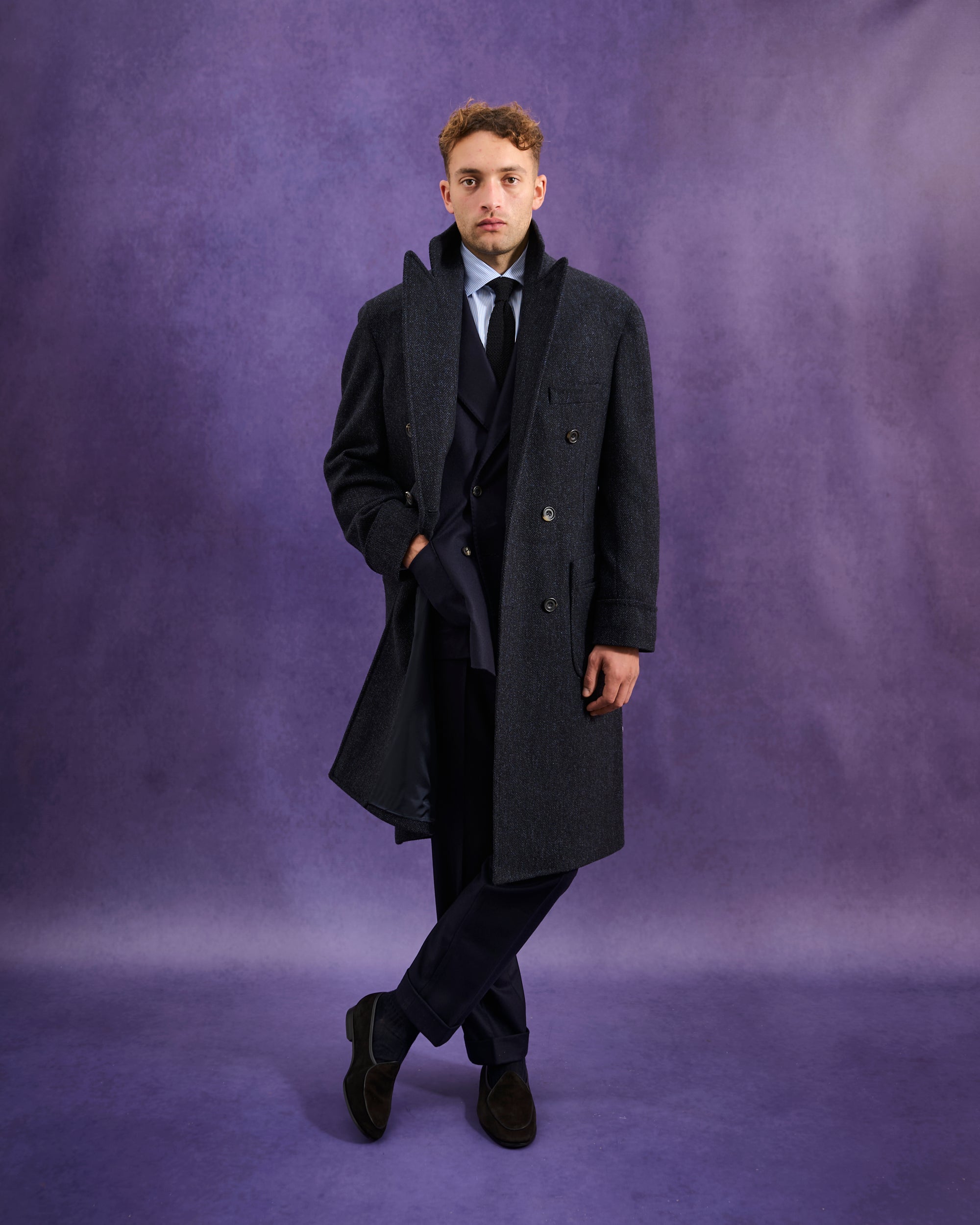 Double Breasted Overcoat - Navy Herringbone Wool Cashmere