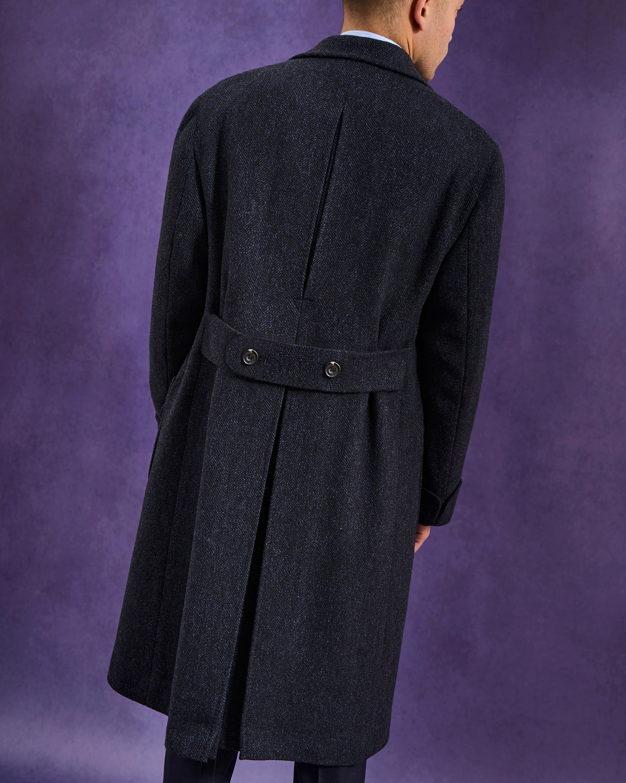 Double Breasted Overcoat - Navy Herringbone Wool Cashmere