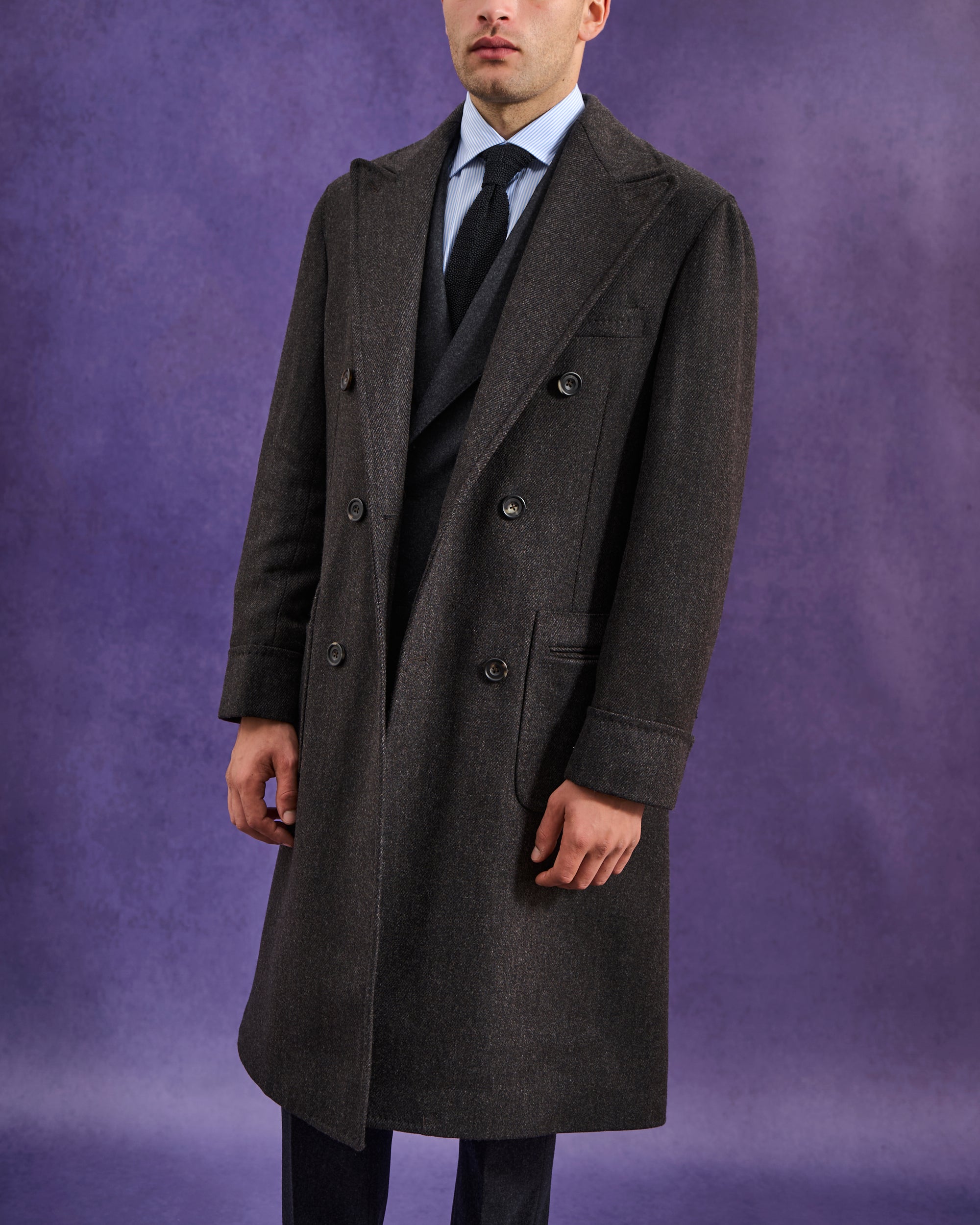 Double Breasted Overcoat - Brown Twill Wool Cashmere