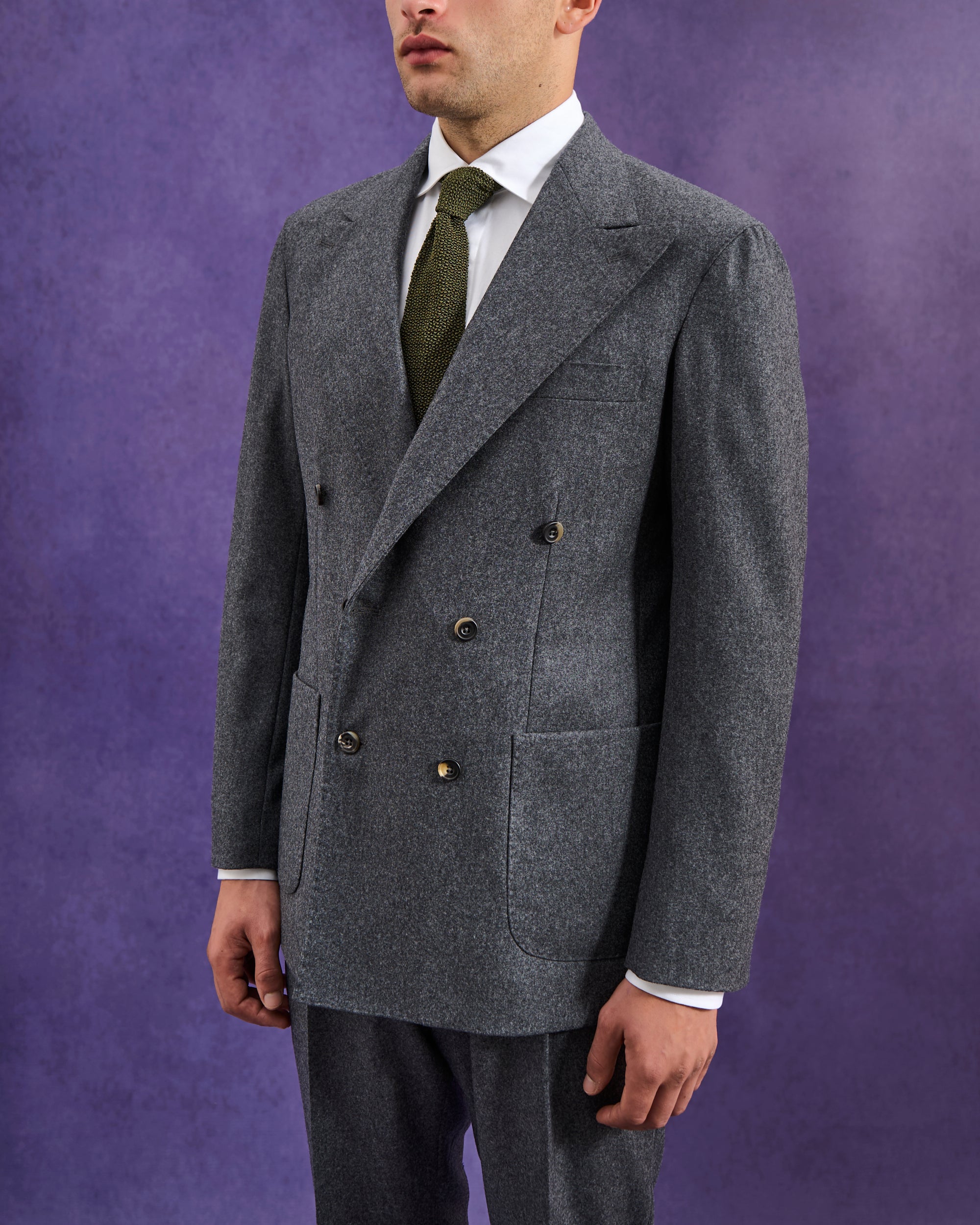 Double Breasted Sport Jacket - Mid Grey Woollen Flannel