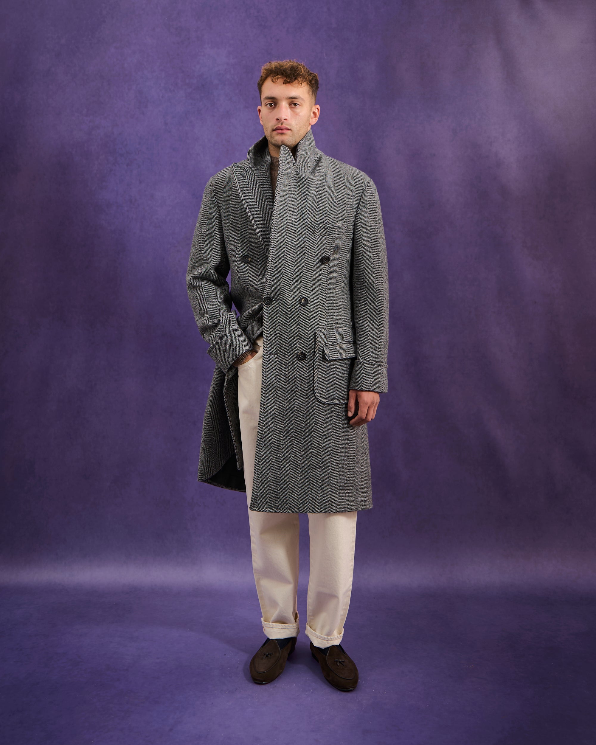 Double Breasted Overcoat - Grey Herringbone Wool Cashmere