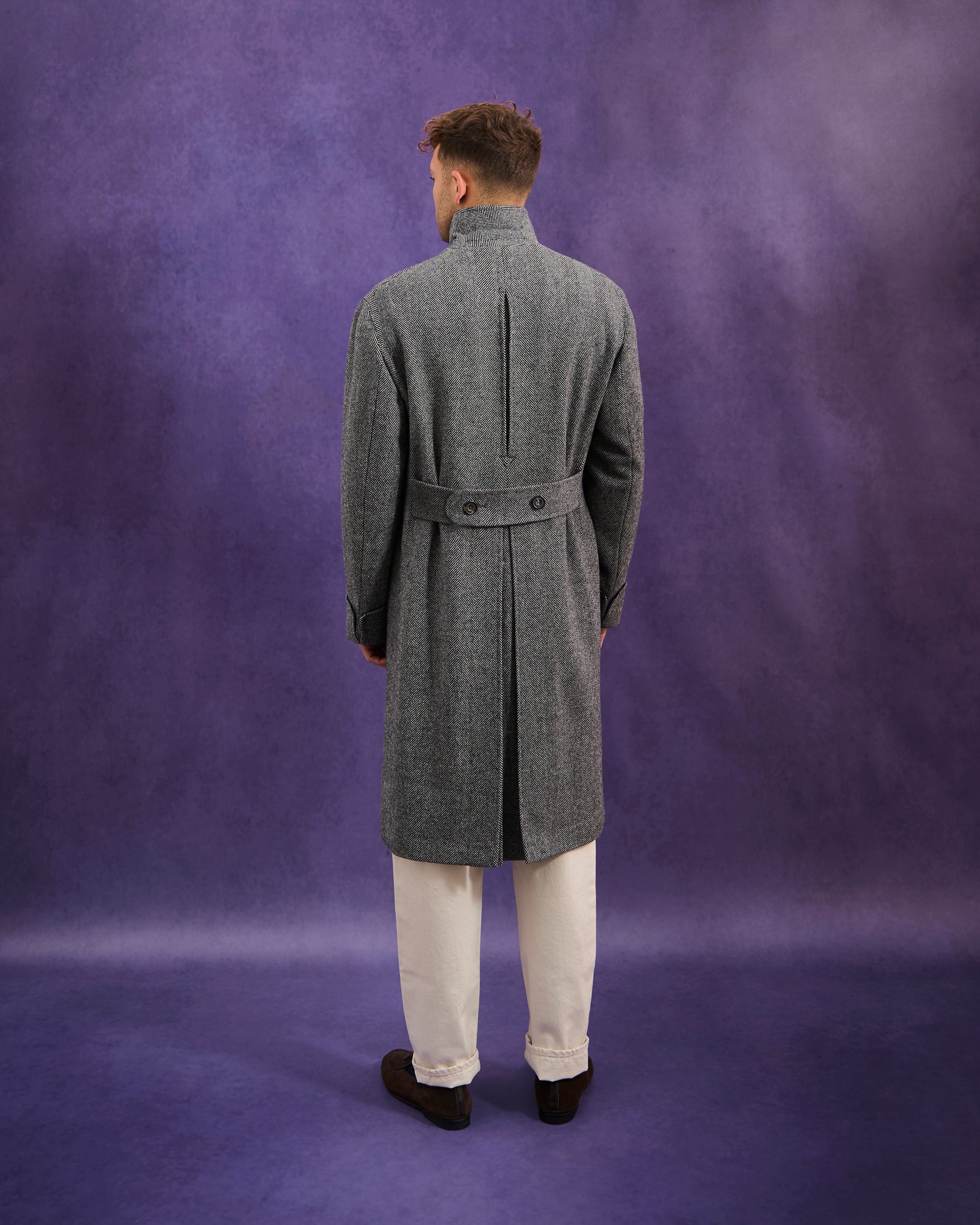 Double Breasted Overcoat - Grey Herringbone Wool Cashmere