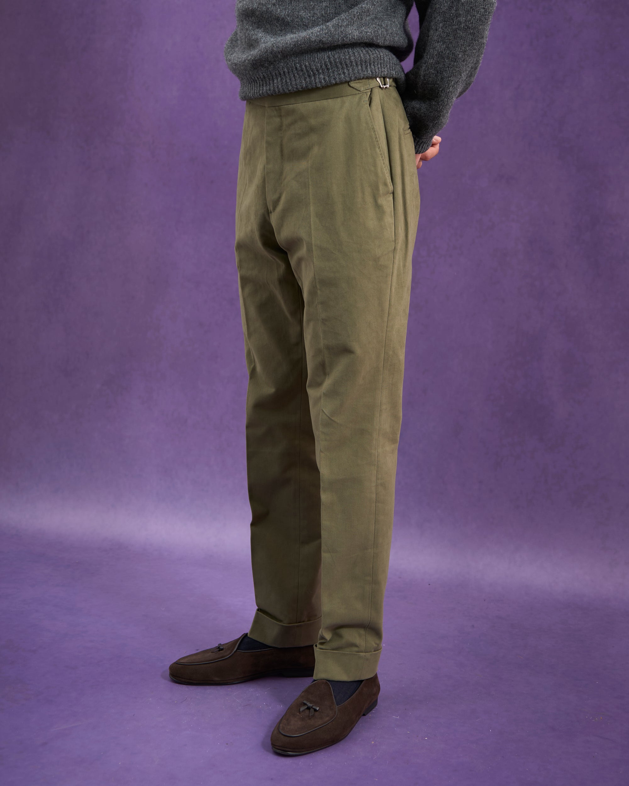 Flat Front Trouser - Olive Brushed Cotton