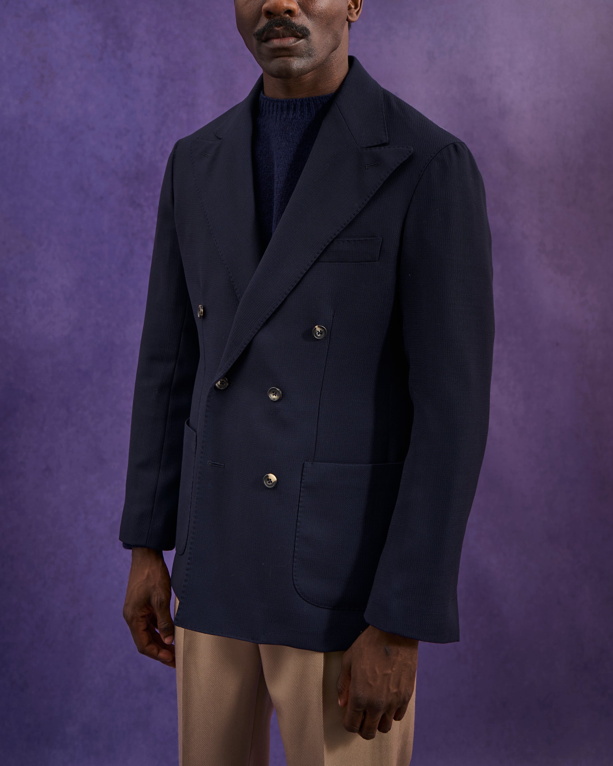 Double Breasted Sport Jacket - Navy Mock Leno Wool Hopsack