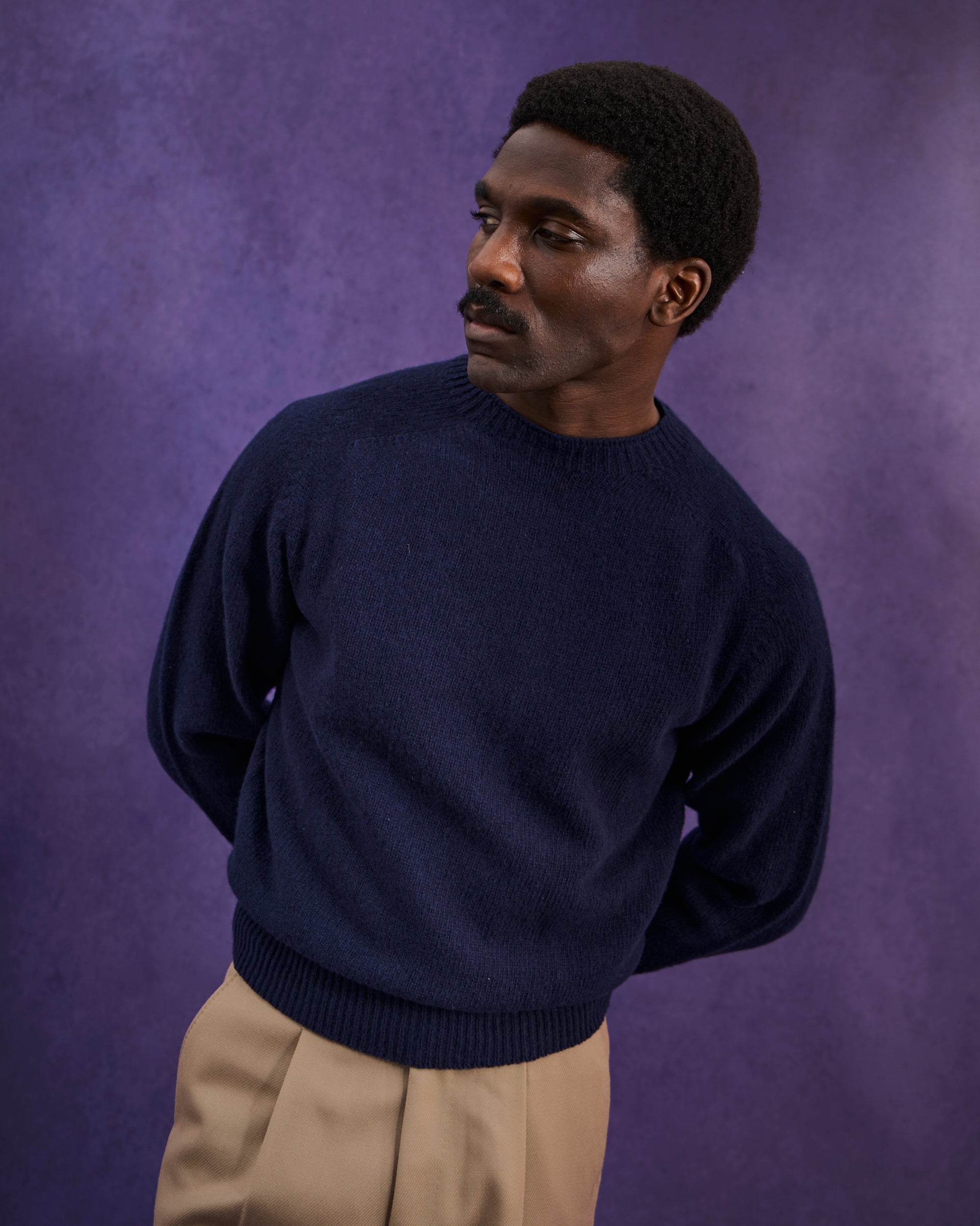 Shetland Wool Crew Neck Sweater Navy Natalino