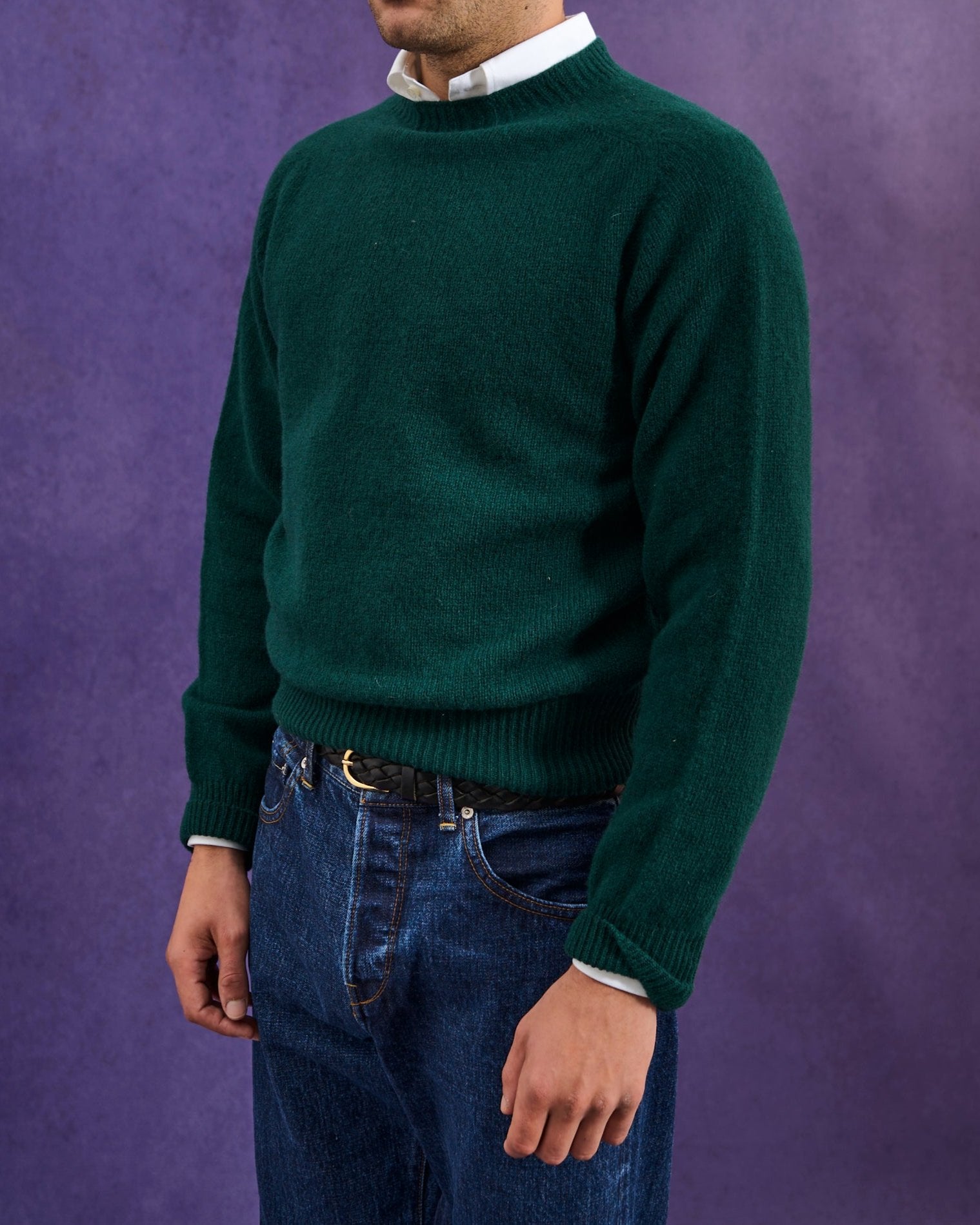 Shetland Wool Crew Neck Sweater - Forest Green