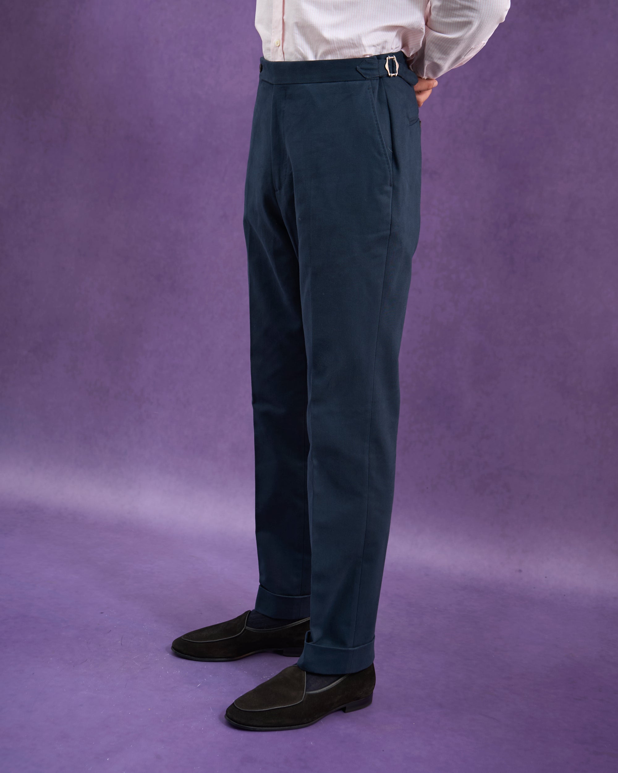 Flat Front Trouser - Navy Brushed Cotton