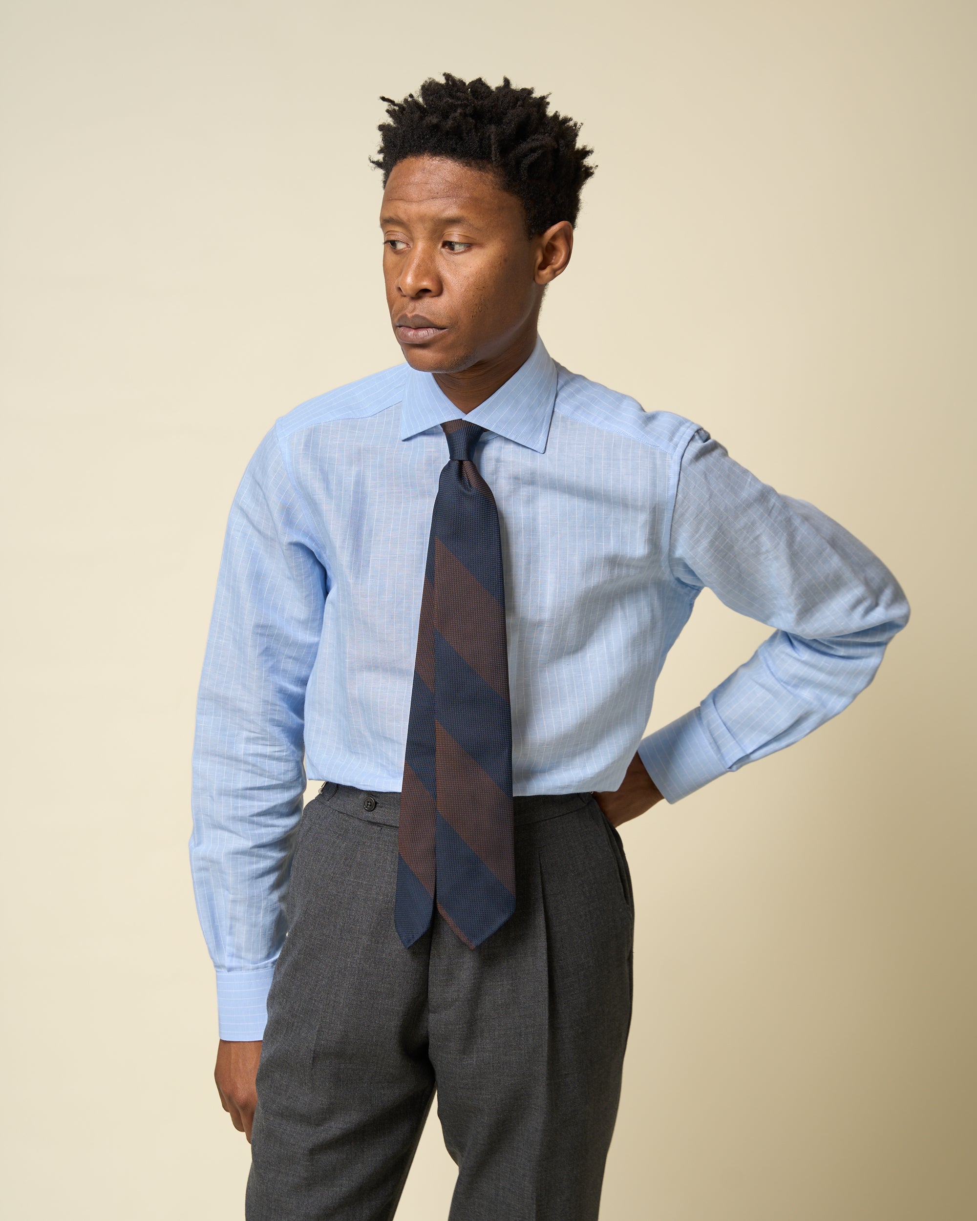 Spread Collar Shirt - Blue Pinstripe Cotton Linen