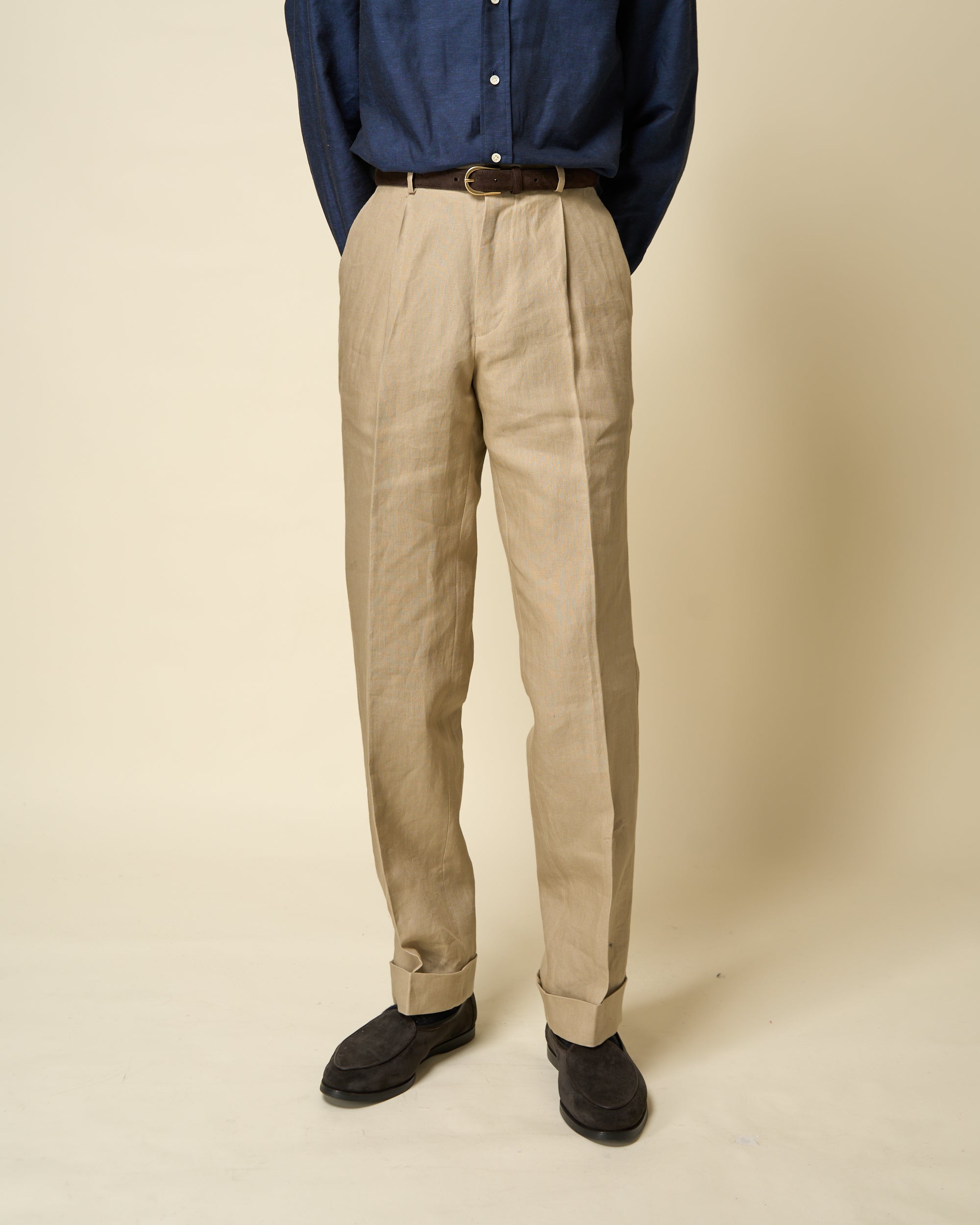 Casual Relaxed Pleated Trouser - Sand Linen