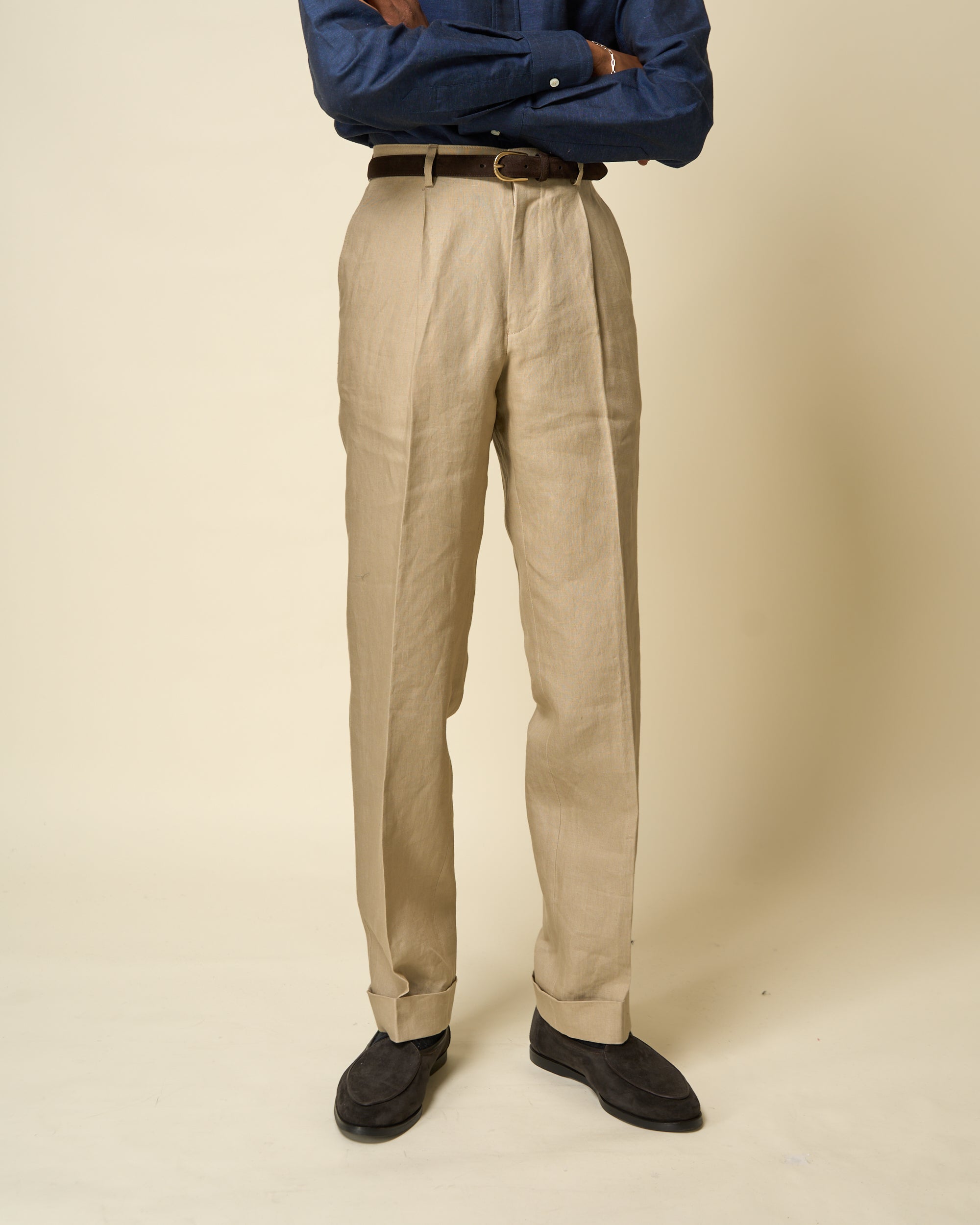 Casual Relaxed Pleated Trouser - Sand Linen
