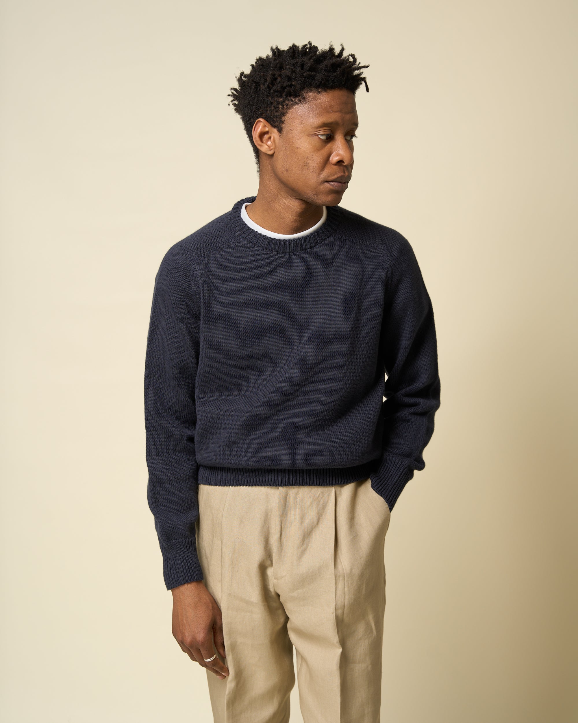 Cotton Crew Neck Sweater - Navy