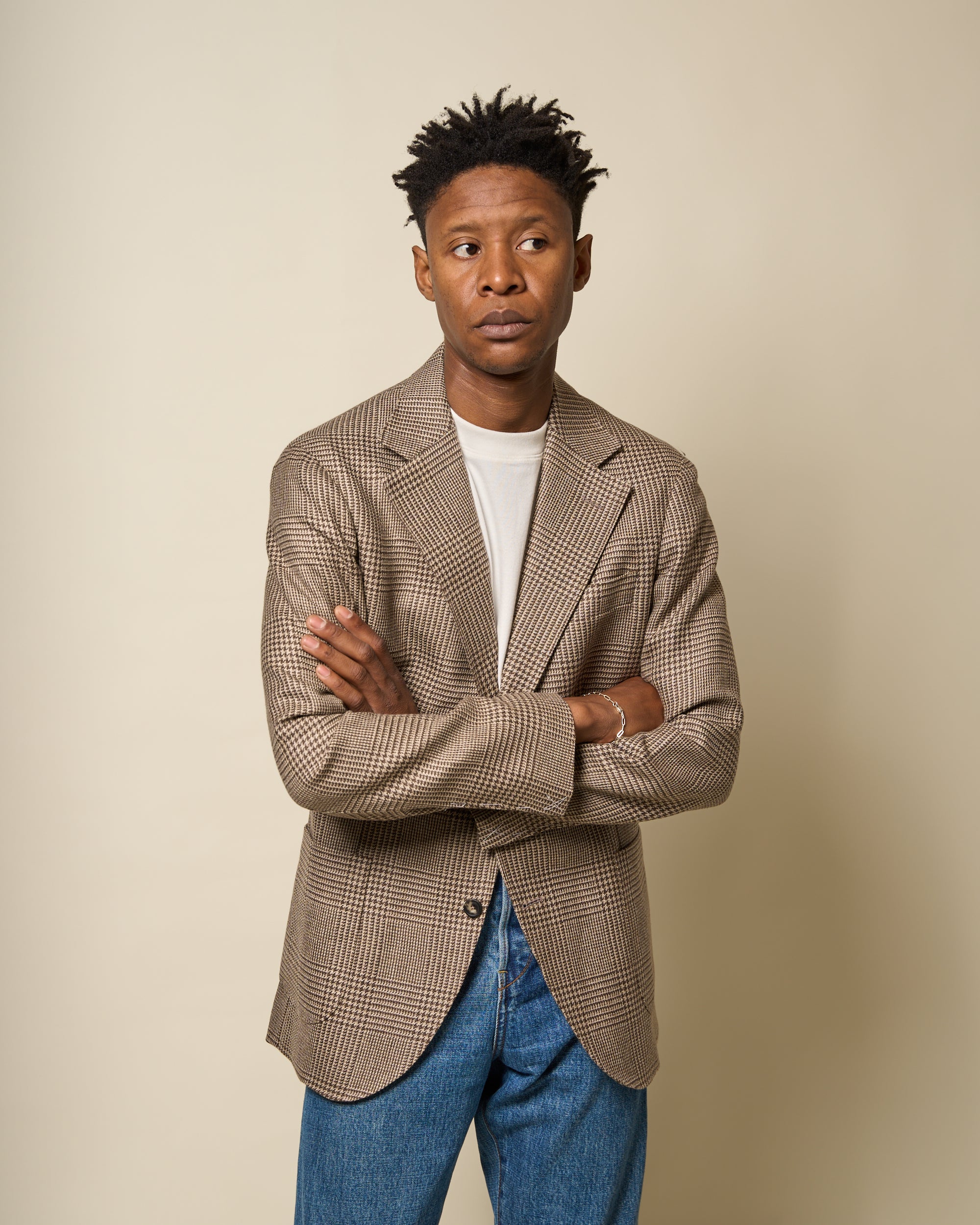 Sport Jacket - Beige Brown Glen Check Wool Linen