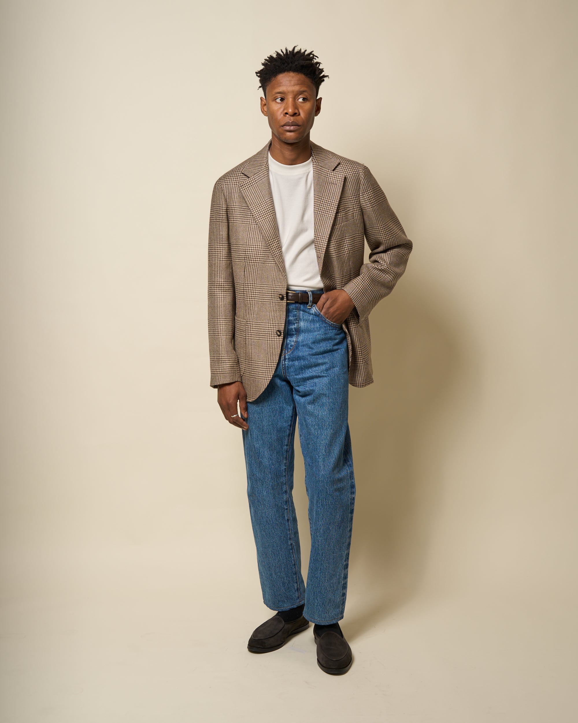 Sport Jacket - Beige Brown Glen Check Wool Linen