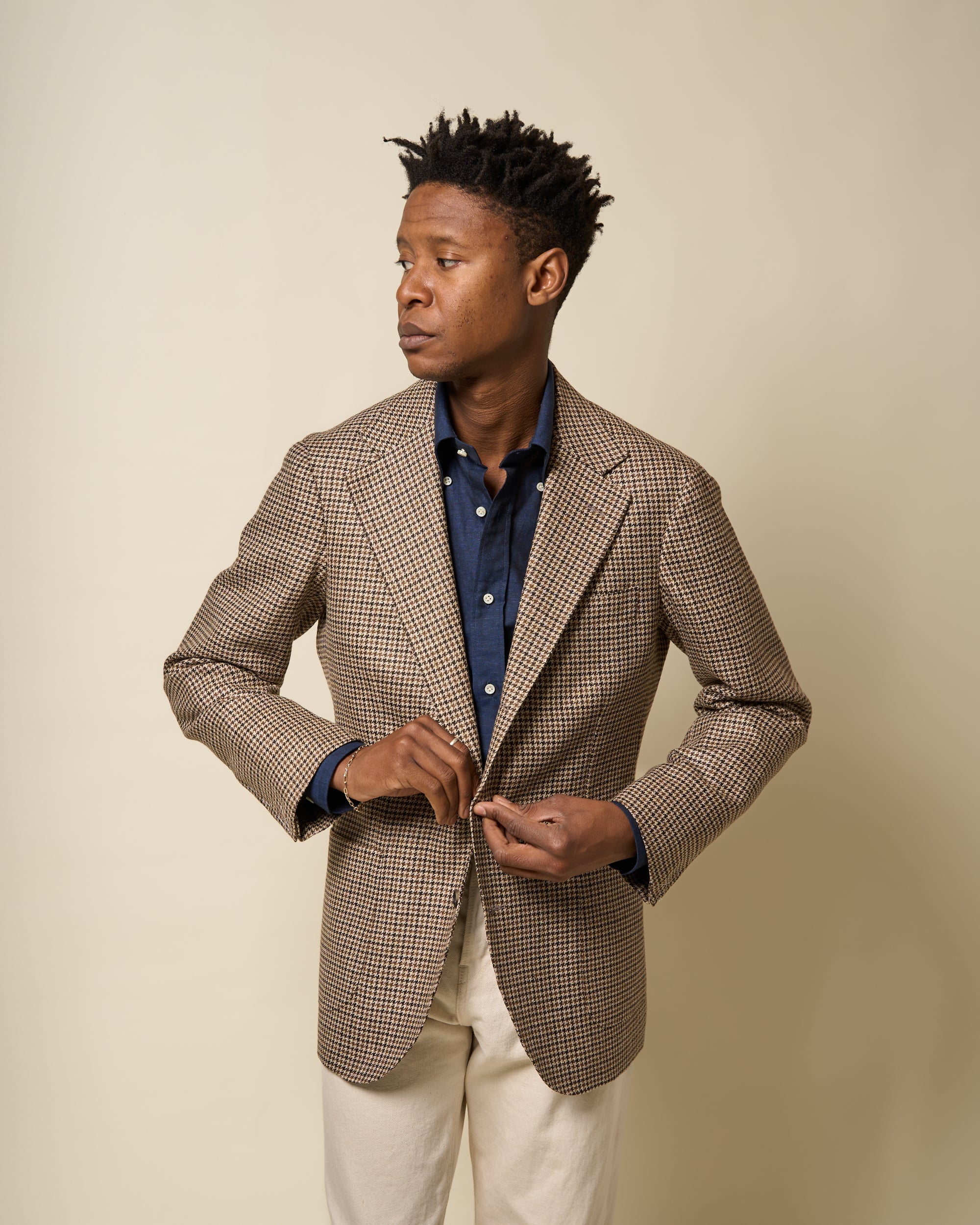 Sport Jacket - Tan Brown Houndstooth Check Wool Linen Silk