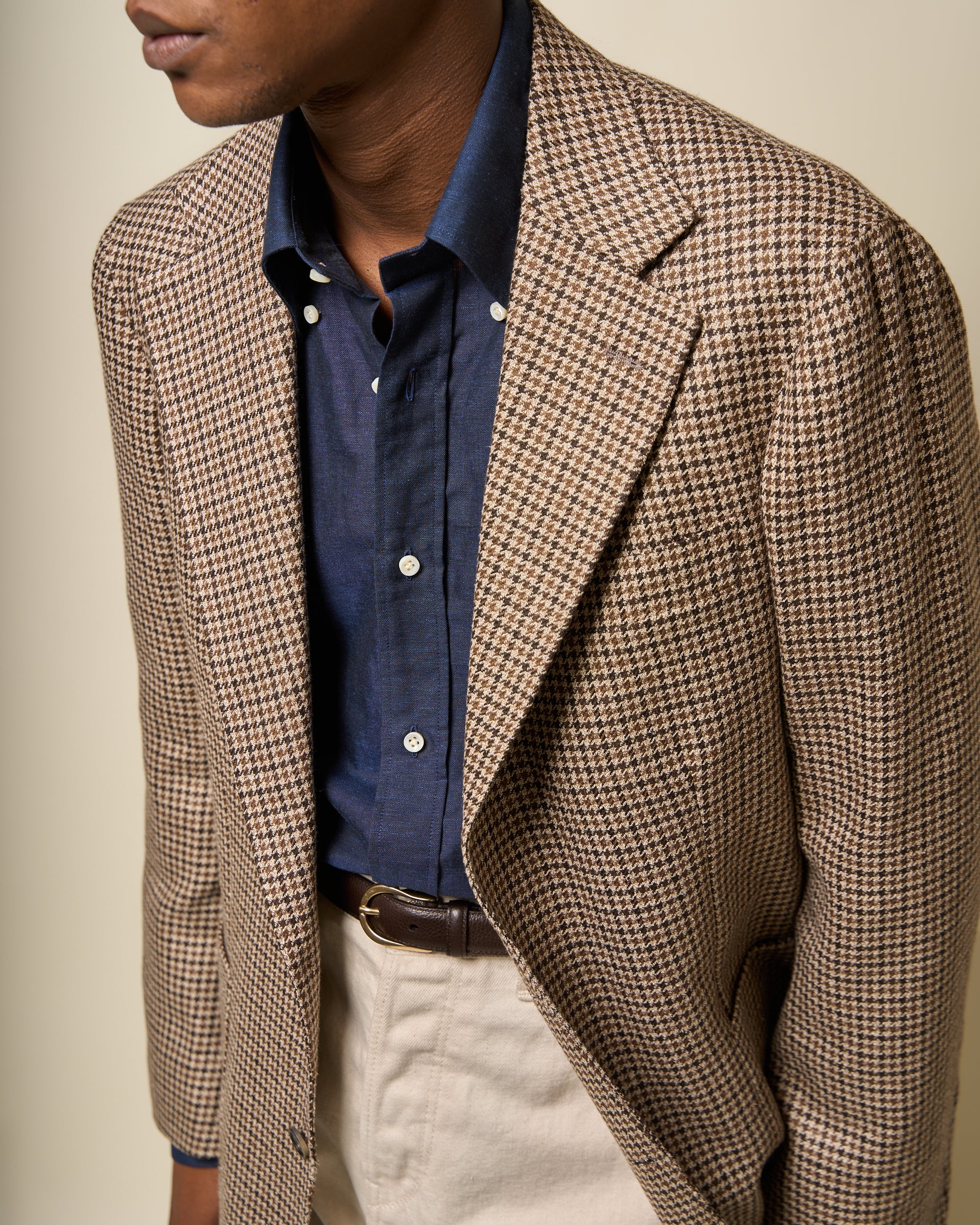 Sport Jacket - Tan Brown Houndstooth Check Wool Linen Silk