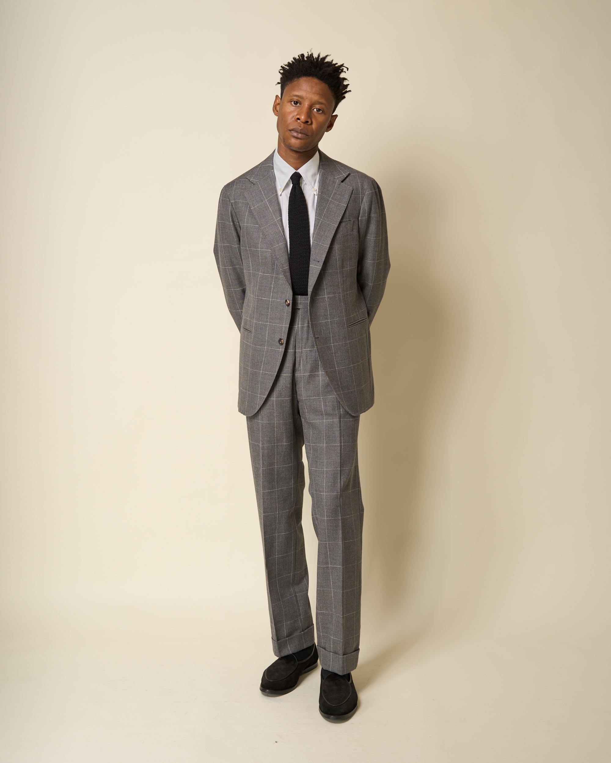 Relaxed Pleated Trouser - Grey Windowpane Cotton Wool