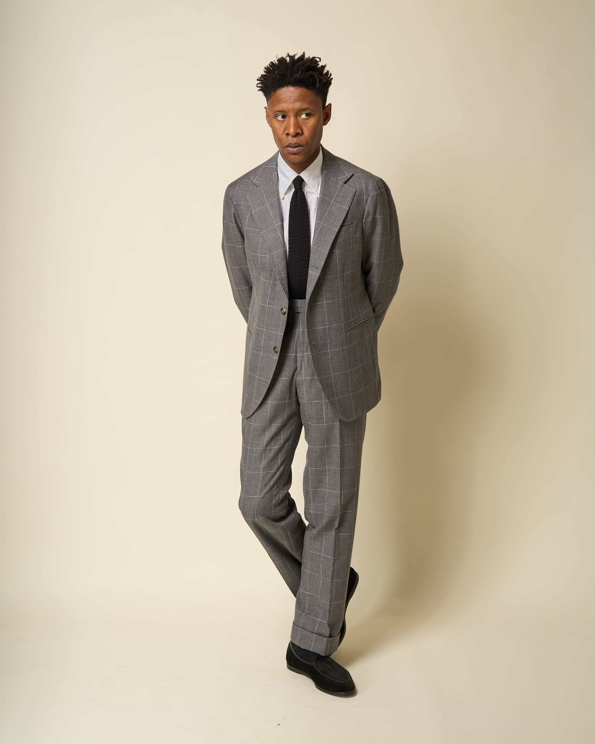 Relaxed Pleated Trouser - Grey Windowpane Cotton Wool