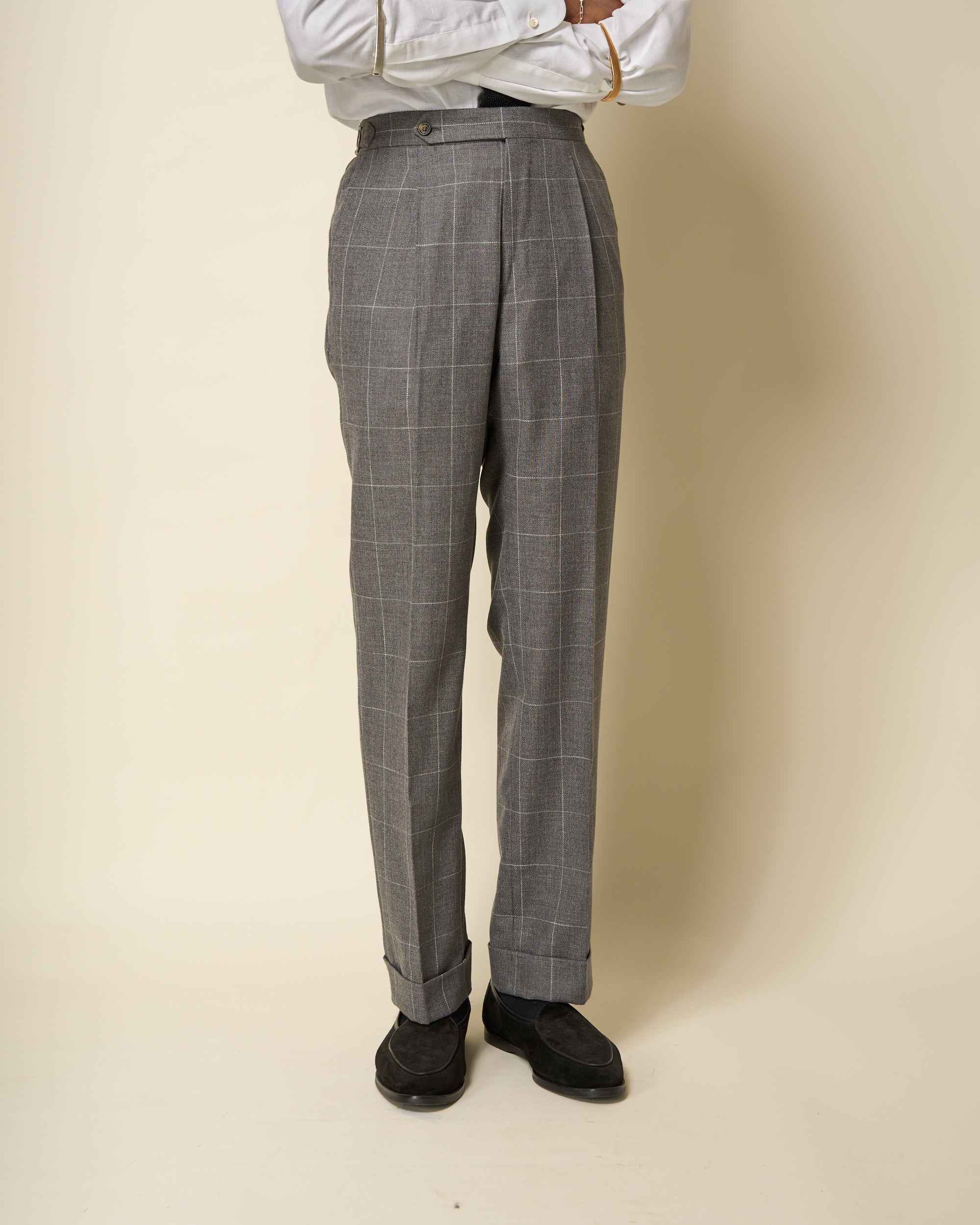 Relaxed Pleated Trouser - Grey Windowpane Cotton Wool