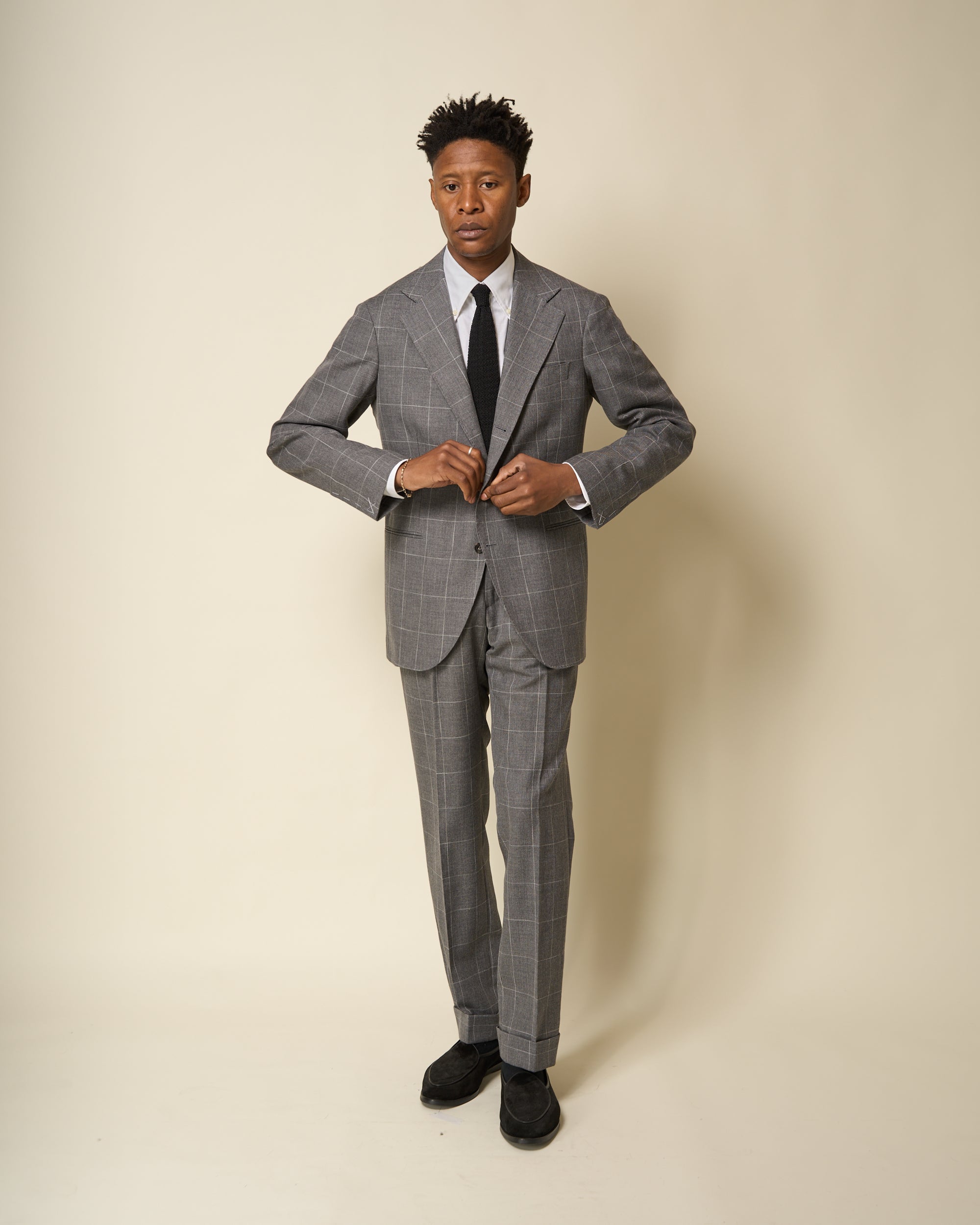 Classic Pleated Trouser - Grey Windowpane Cotton Wool