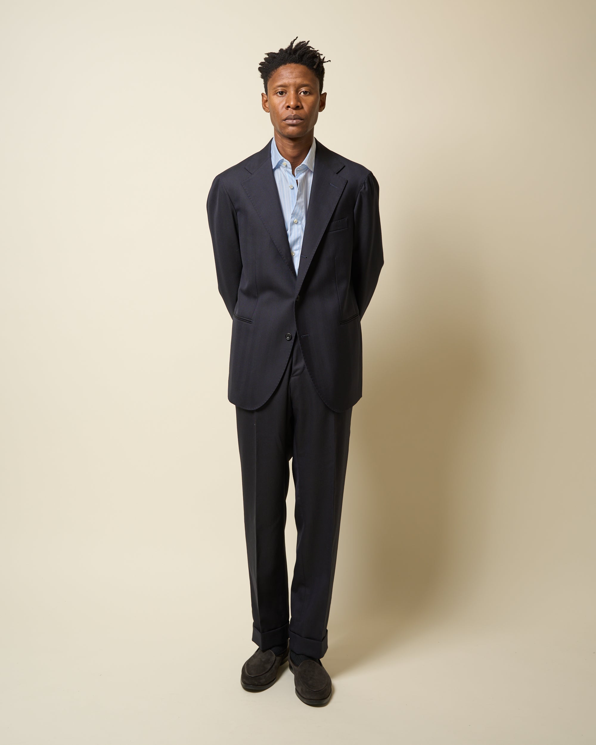 Single Pleat Trouser - Dark Navy Herringbone Wool