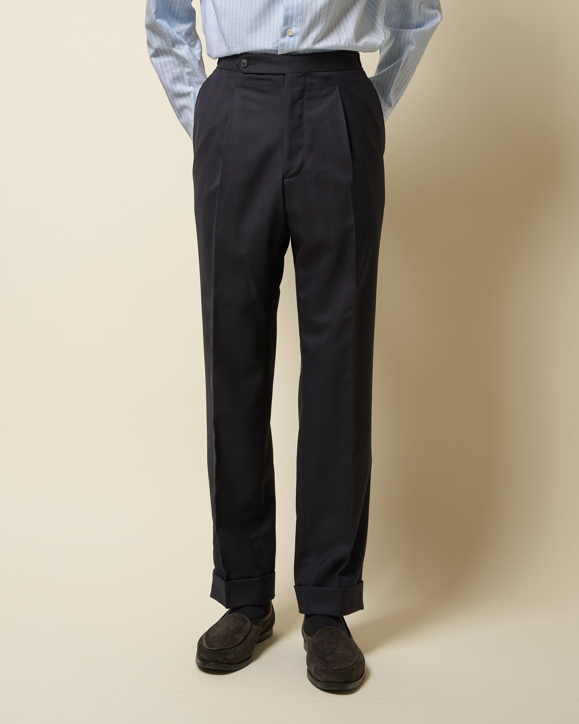 Single Pleat Trouser - Dark Navy Herringbone Wool