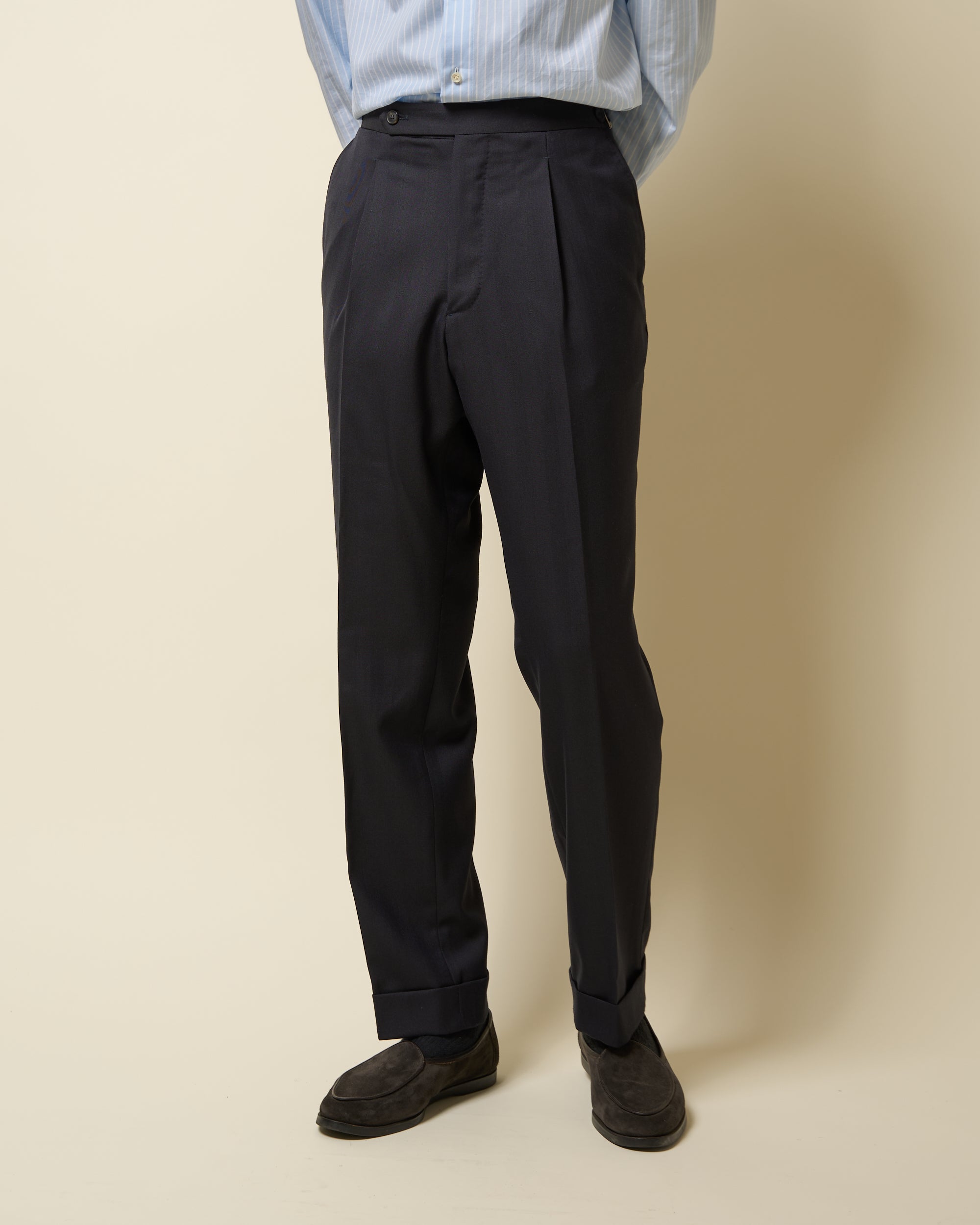Single Pleat Trouser - Dark Navy Herringbone Wool