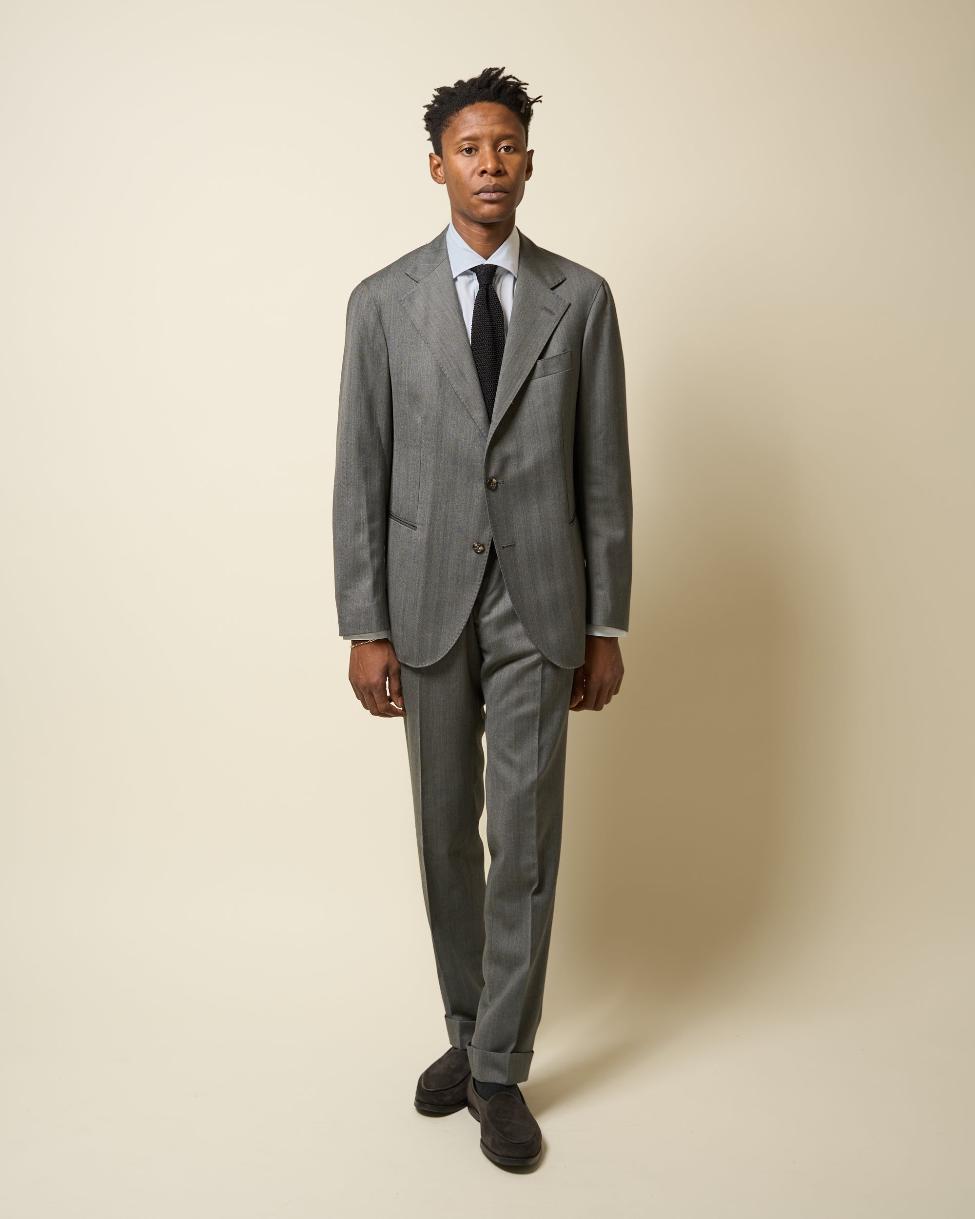 Single Pleat Trouser - Mid Grey Herringbone Wool
