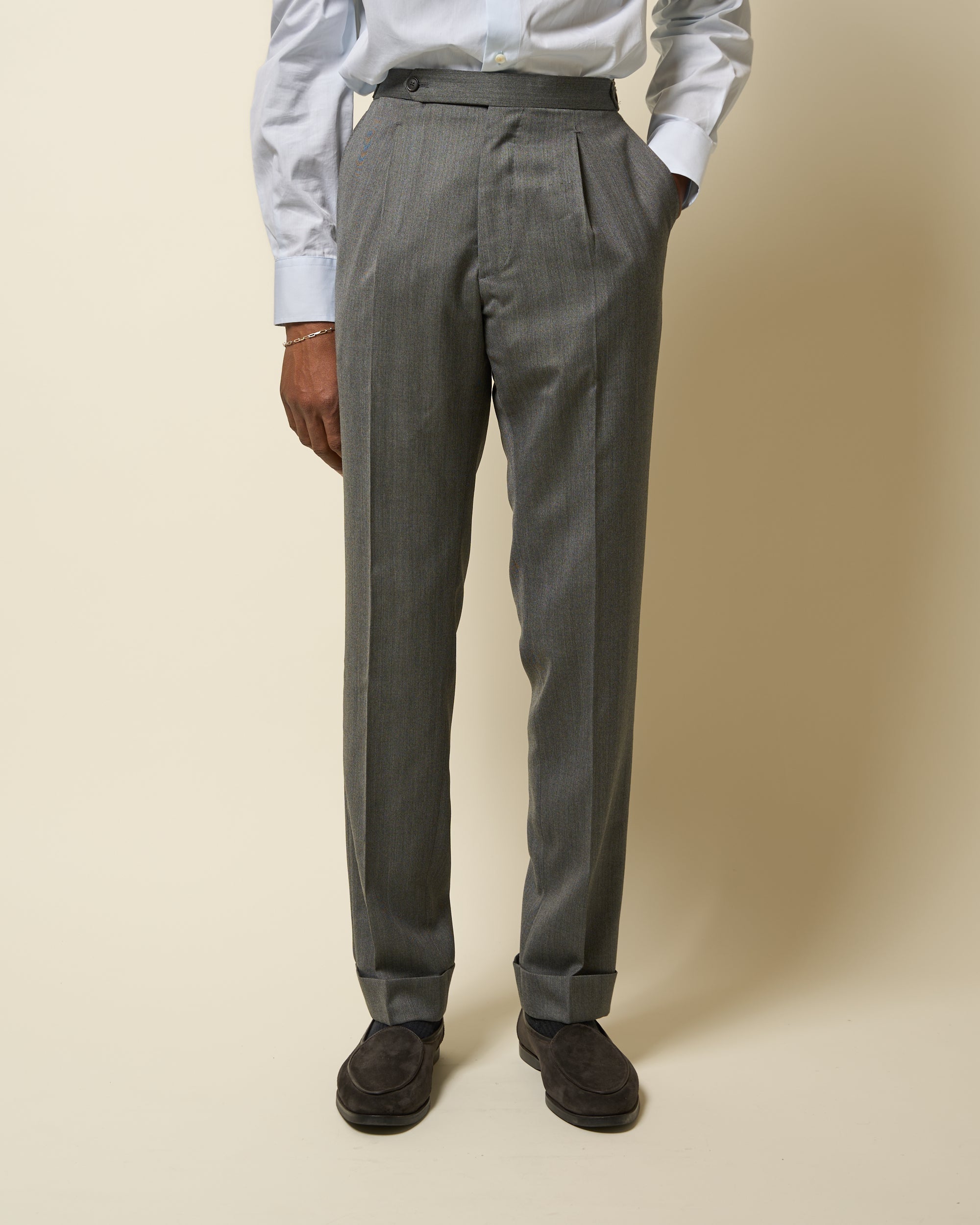 Single Pleat Trouser - Mid Grey Herringbone Wool